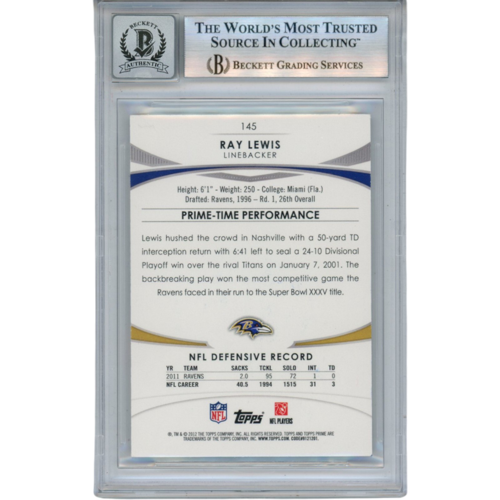 Ray Lewis Autographed 12 Topps Prime Hobby Gold #145 Trading Card Beckett 52993