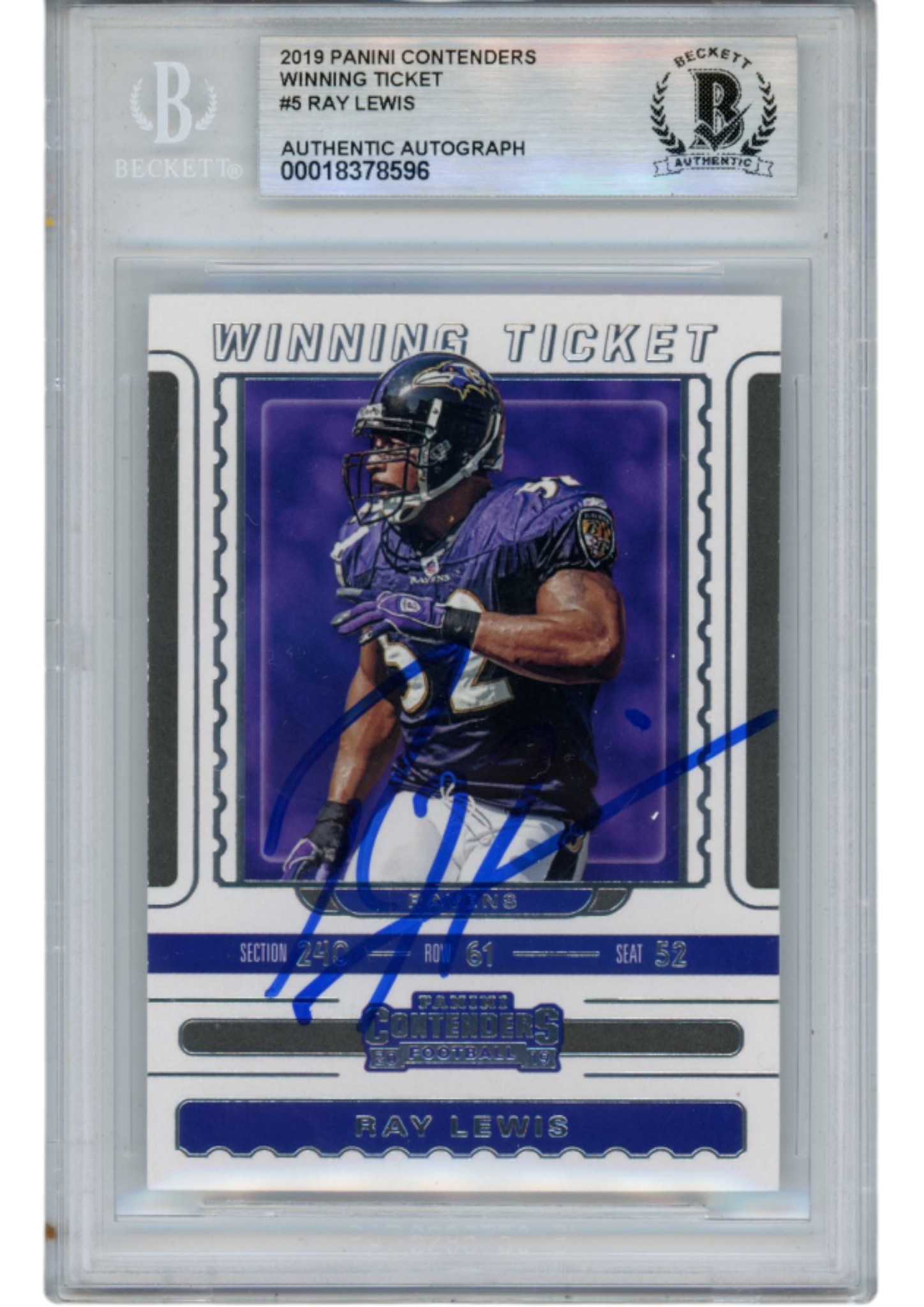 Ray Lewis Autographed 2019 Contenders Ticket #WT-5 Trading Card Beckett 53017