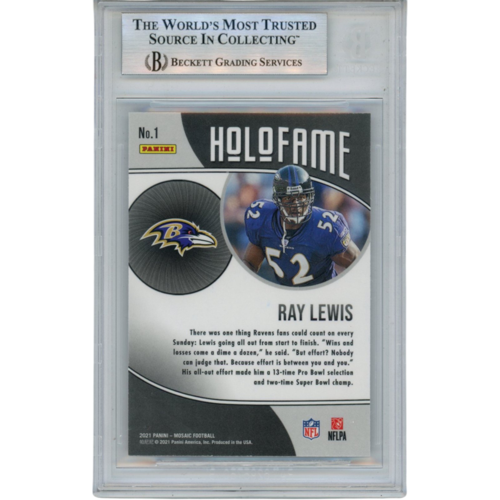 Ray Lewis Autographed 2021 Mosaic HoloFame #1 Trading Card Beckett 52951