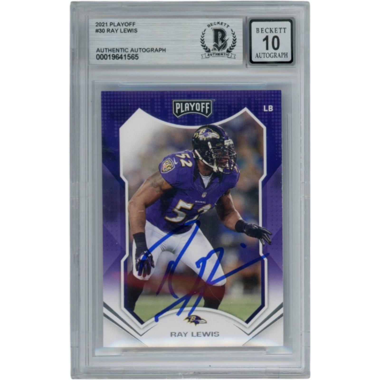 Ray Lewis Autographed Baltimore Ravens 21 Playoff Slabbed Card Beckett 53016