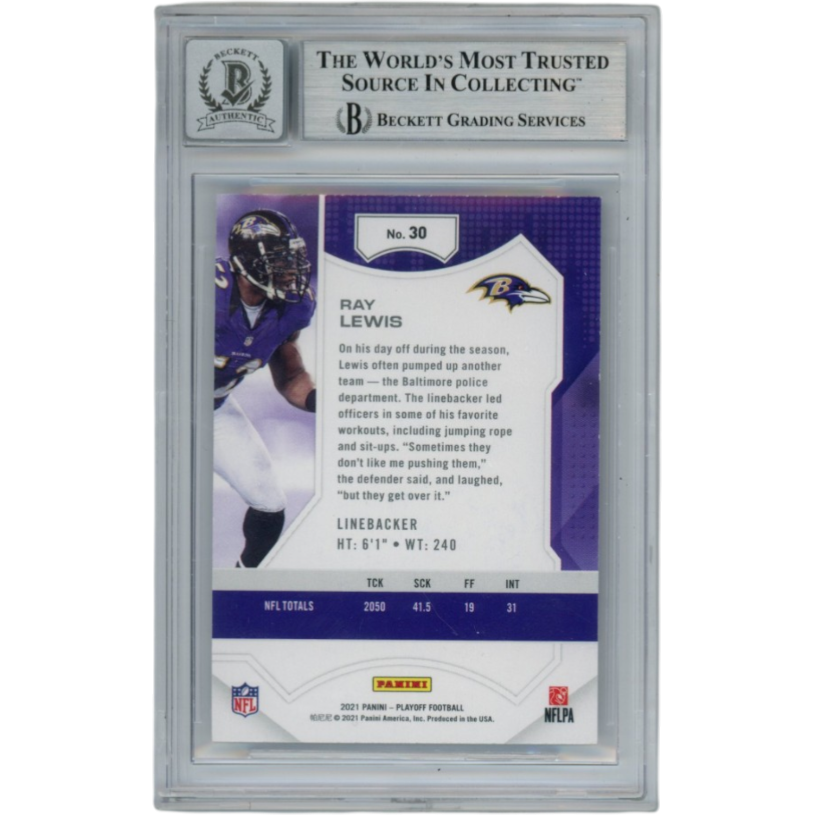 Ray Lewis Autographed Baltimore Ravens 21 Playoff Slabbed Card Beckett 53016