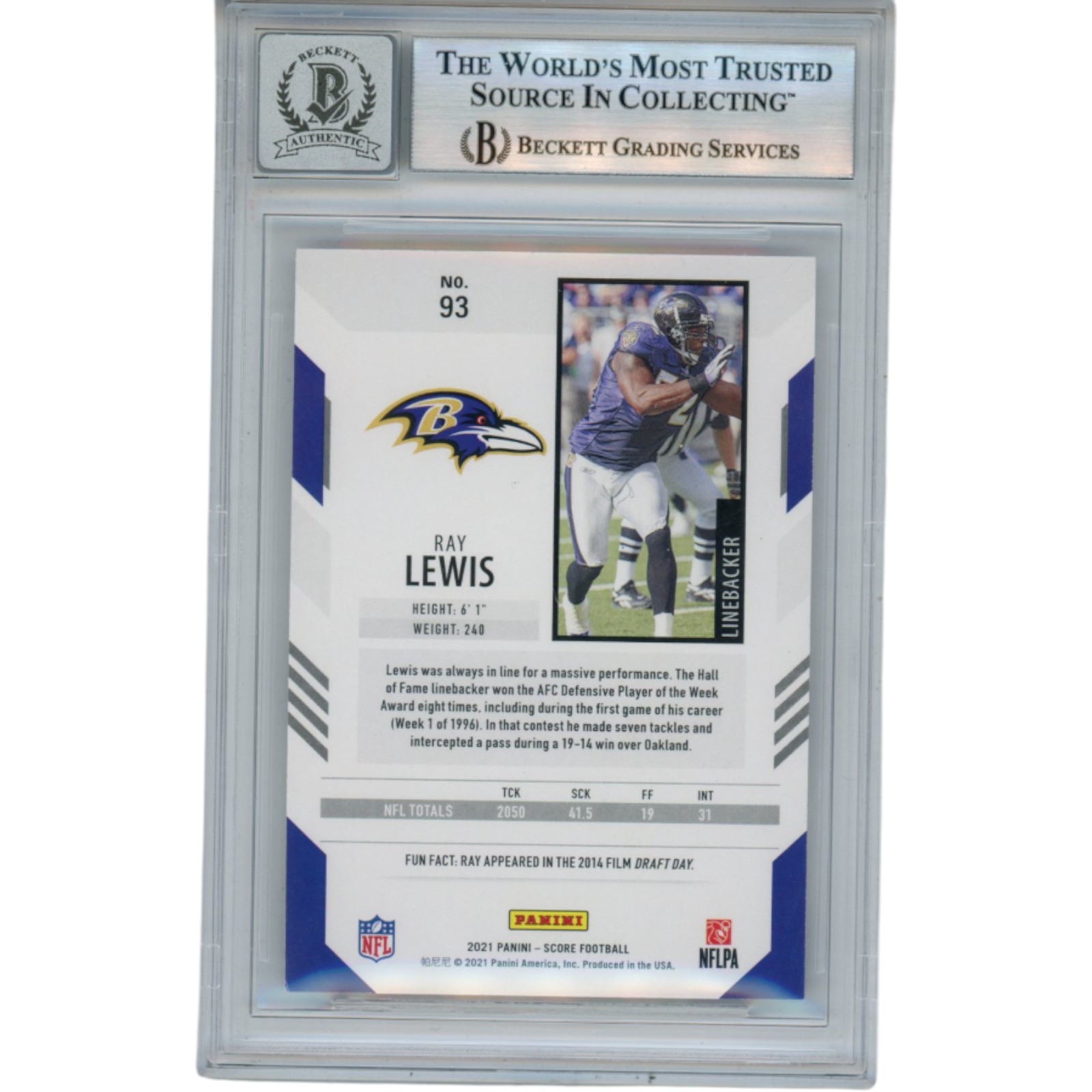 Ray Lewis Autographed/Signed 2021 Score #93 Trading Card Beckett 52969
