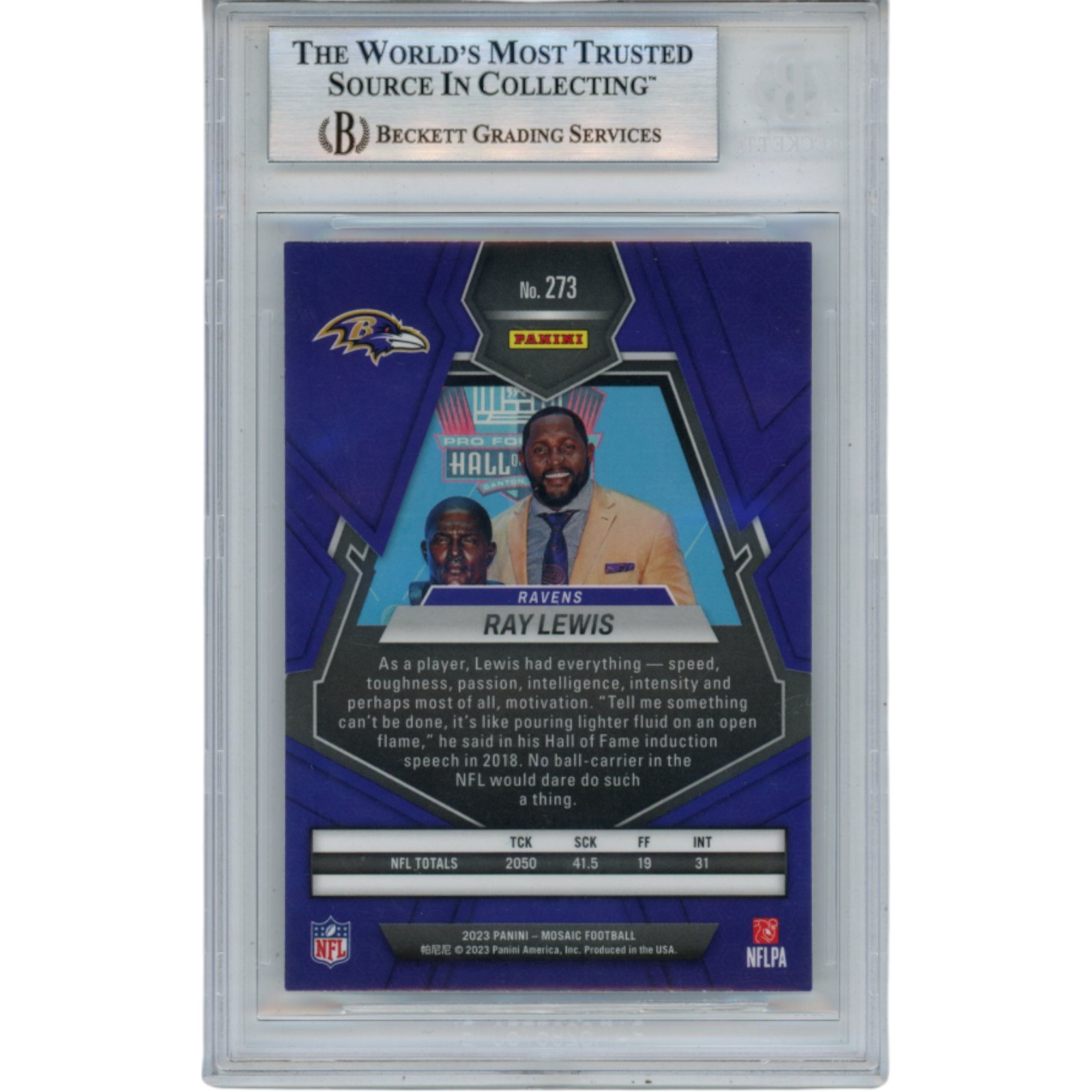 Ray Lewis Autographed 2023 Mosiac Hall of Fame #273 Trading Card Beckett 52978