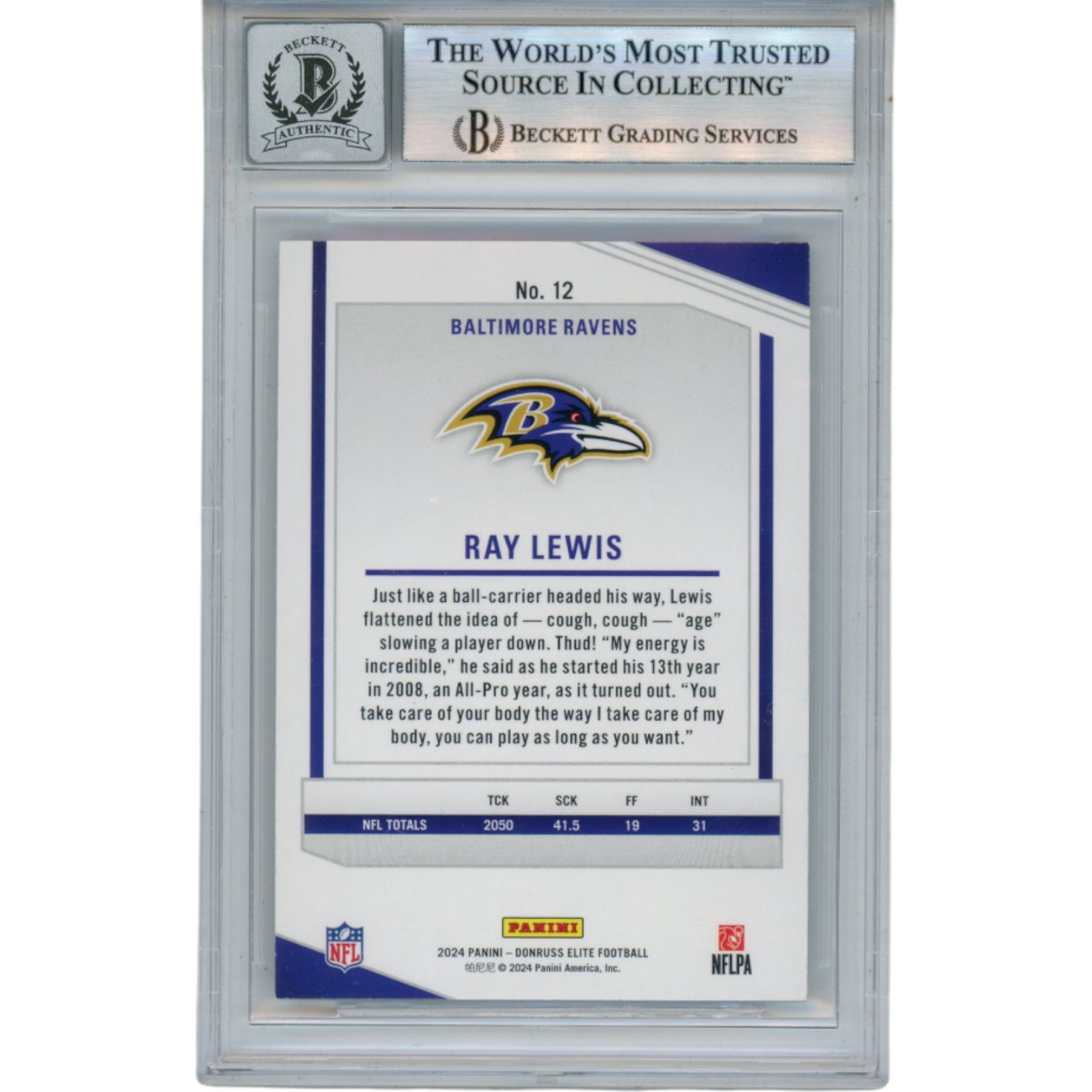 Ray Lewis Autographed 2024 Donruss Elite #12 Trading Card Beckett 52977