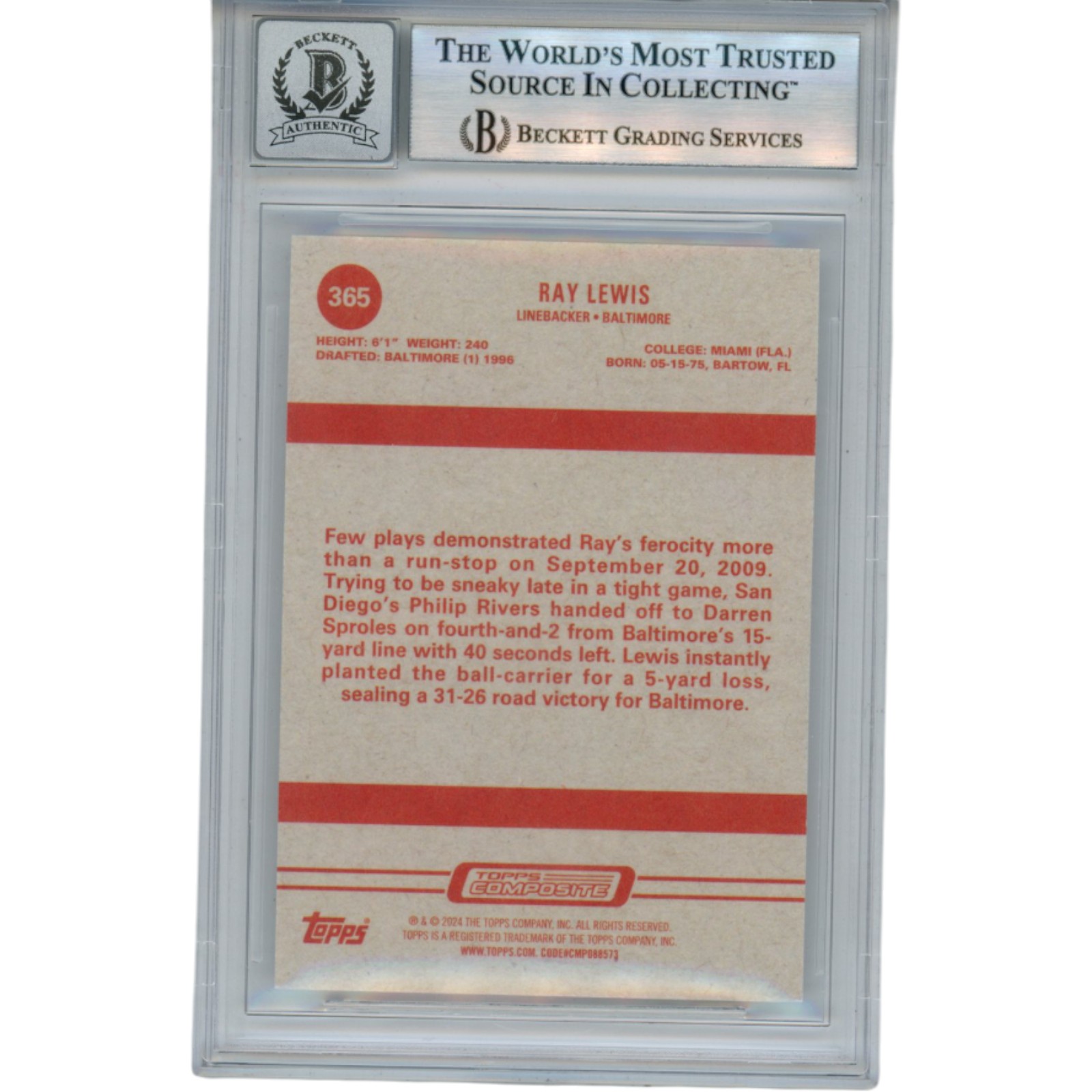 Ray Lewis Autographed 2023 Topps Composite #365 Trading Card Beckett 52943