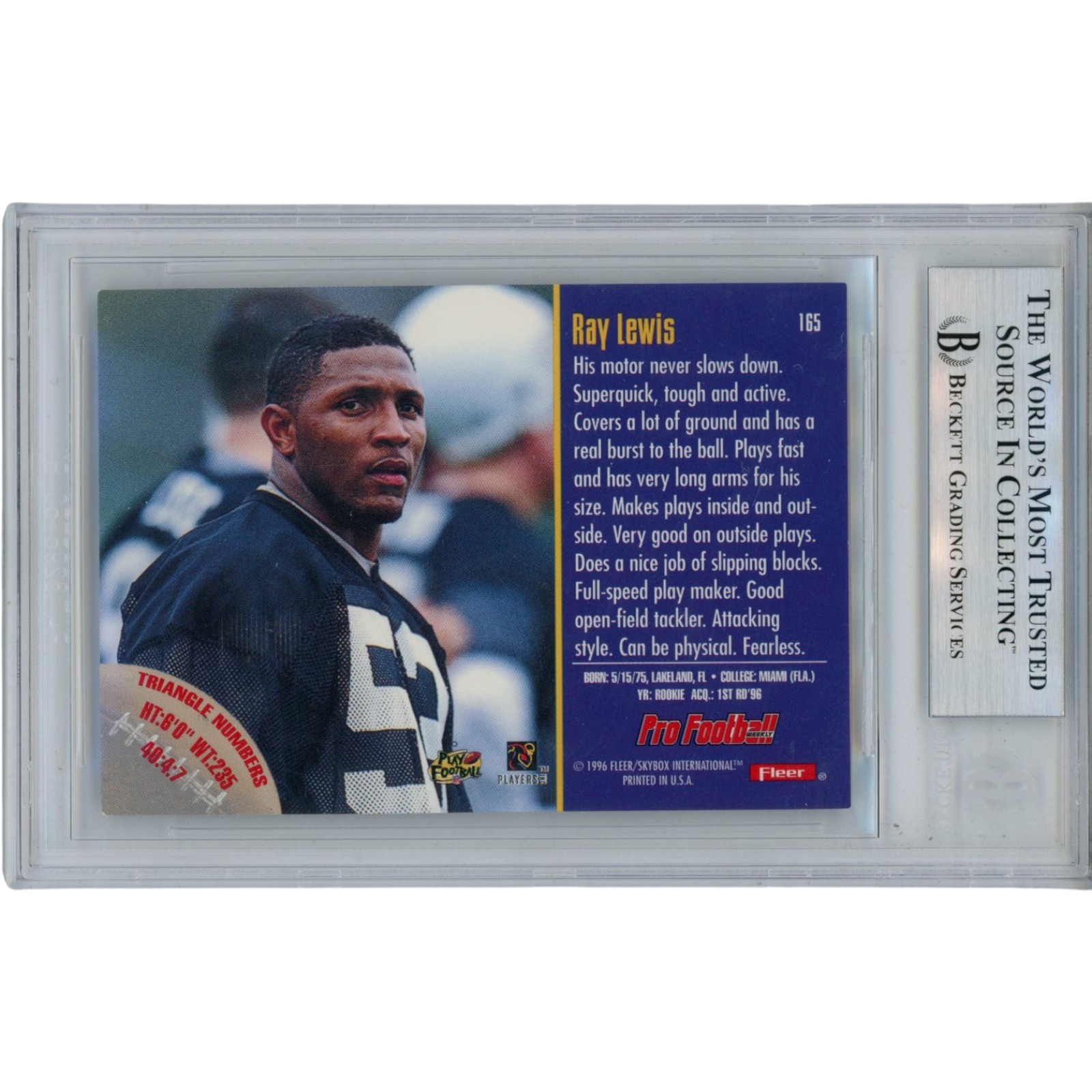Ray Lewis Autographed/Signed 1996 Fleer #165 Trading Card Slab Beckett 53484