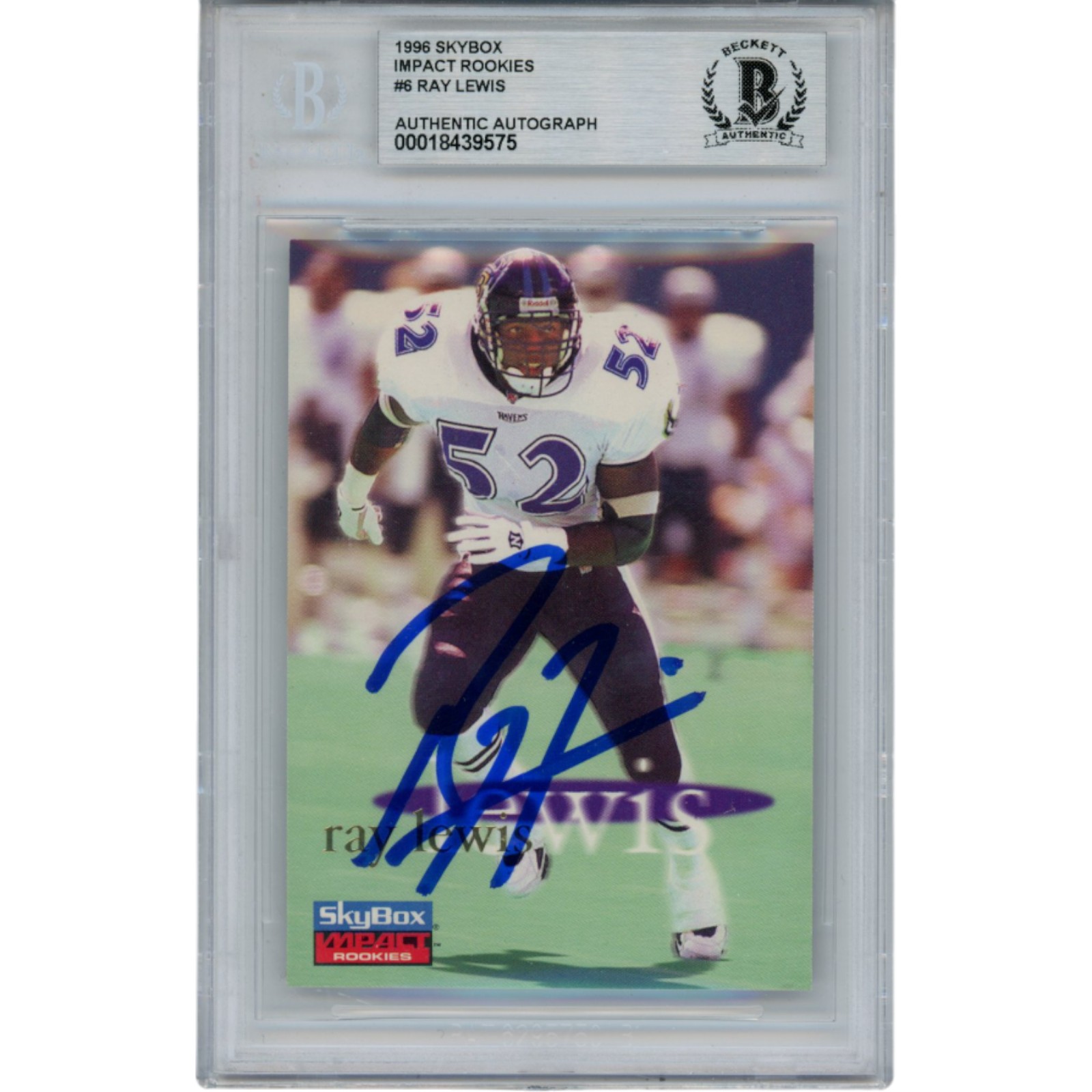 Ray Lewis Autographed 1996 Skybox Impact Rookies #6 Trading Card Beckett 53518