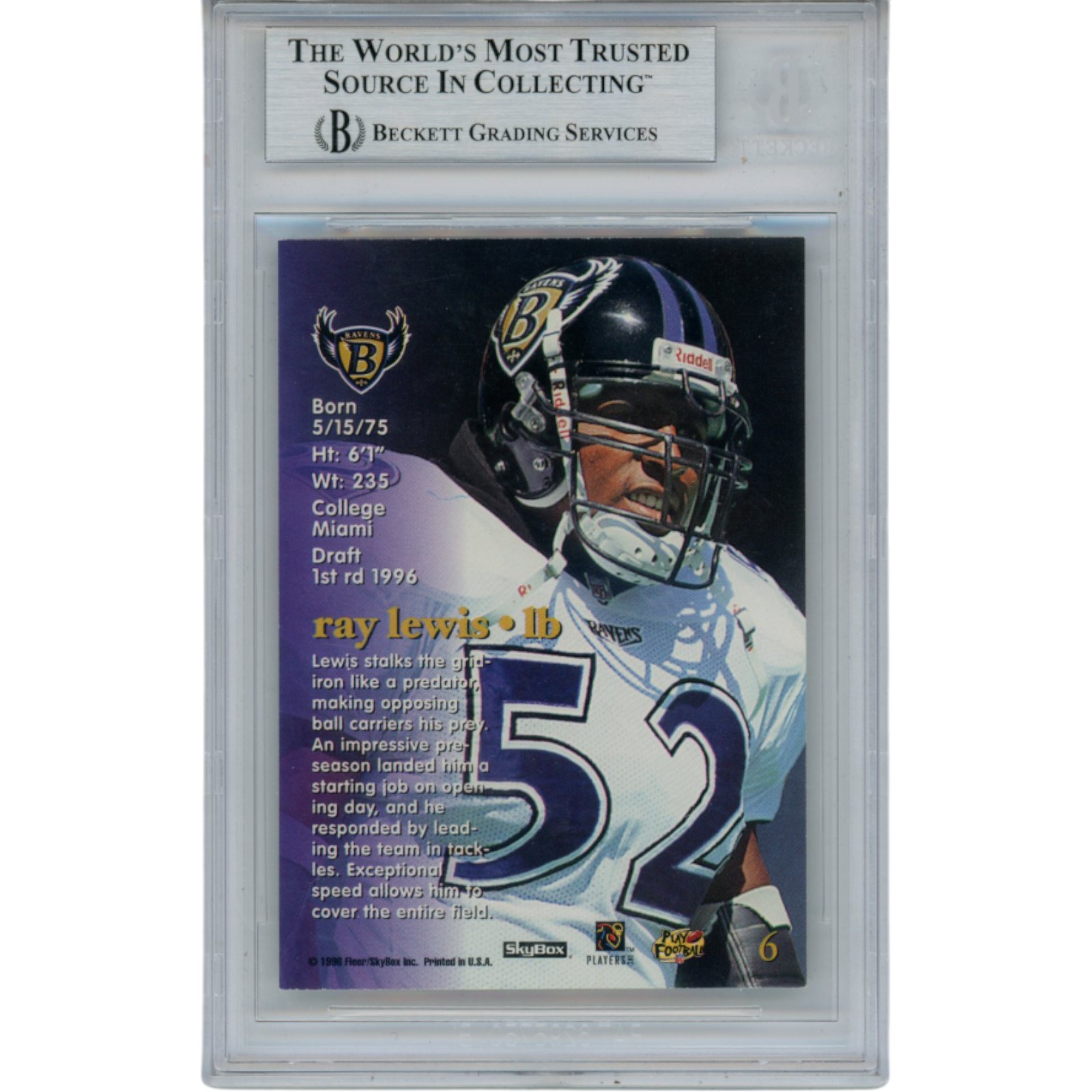 Ray Lewis Autographed 1996 Skybox Impact Rookies #6 Trading Card Beckett 53518