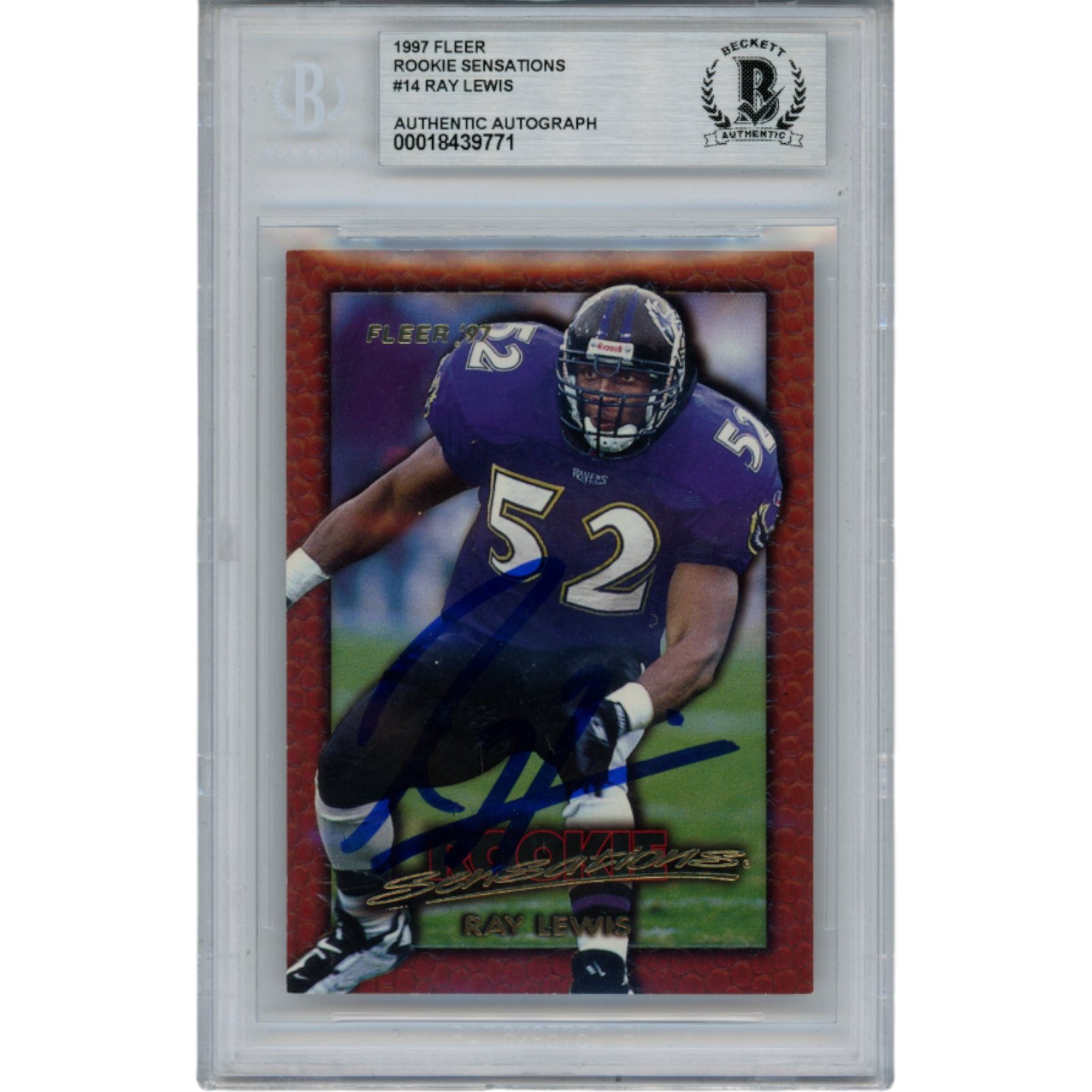 Ray Lewis Autographed/Signed 1997 Fleer #14 Trading Card Slab Beckett 53482