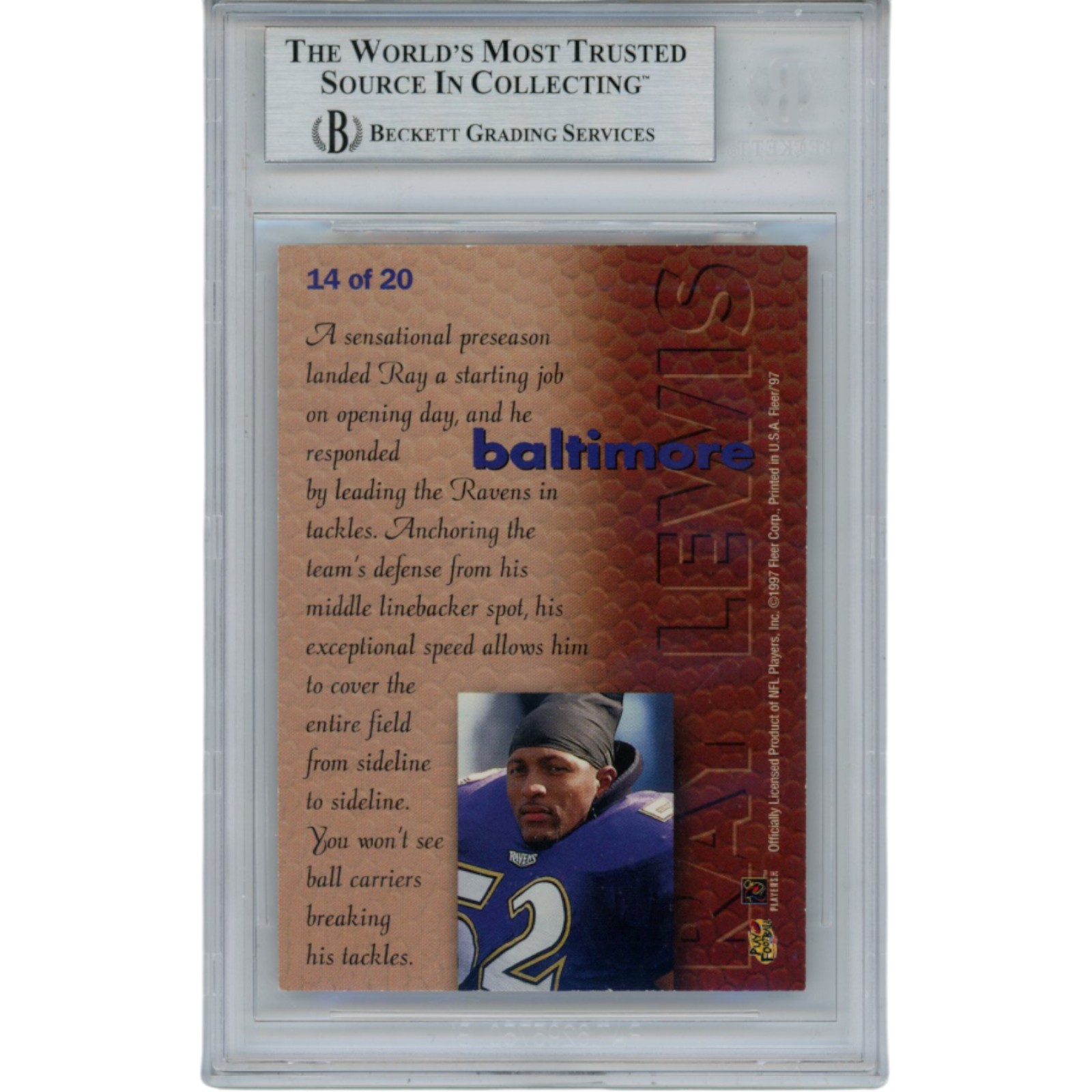 Ray Lewis Autographed/Signed 1997 Fleer #14 Trading Card Slab Beckett 53482