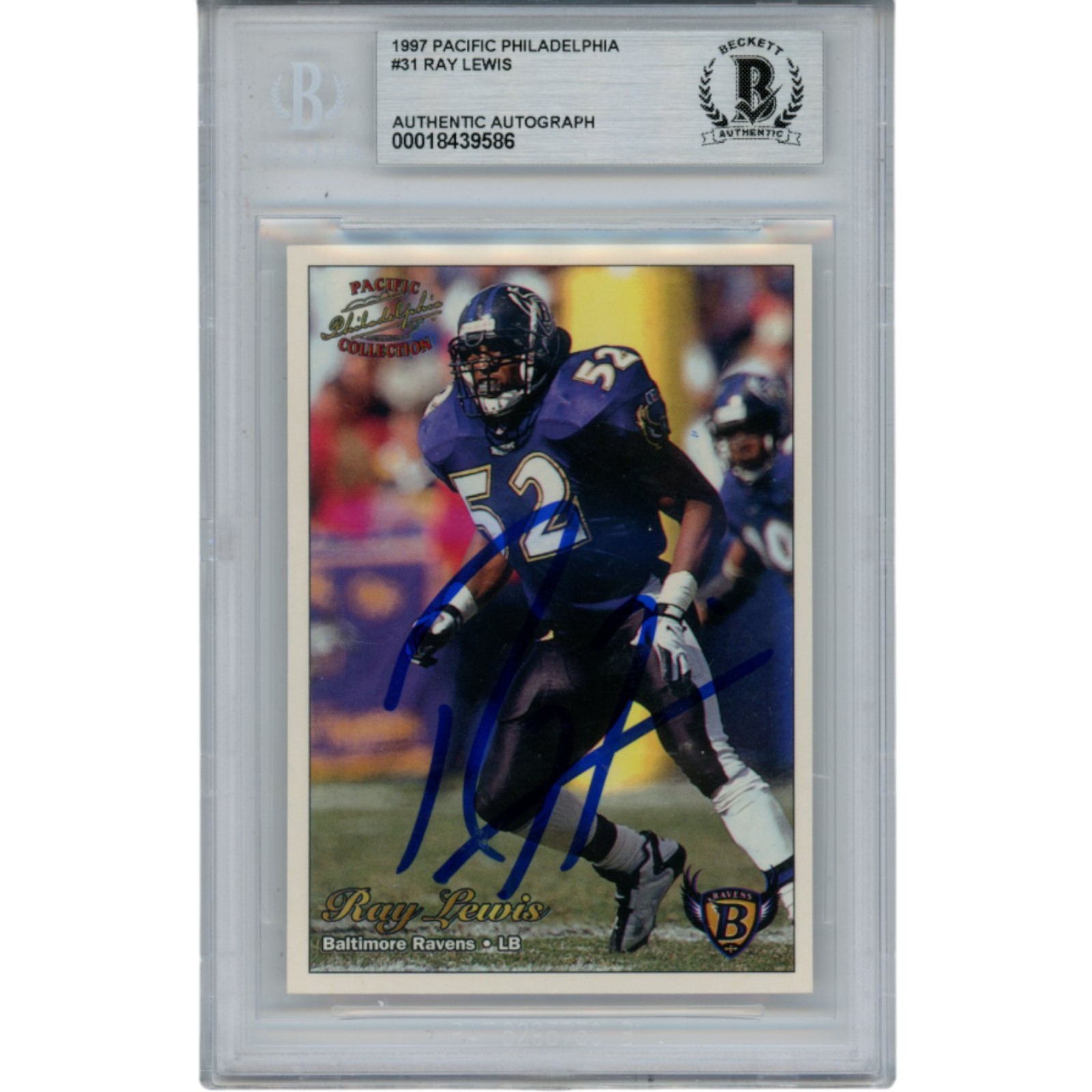 Ray Lewis Autographed 1997 Pacific #31 Trading Card Slab Beckett 53522