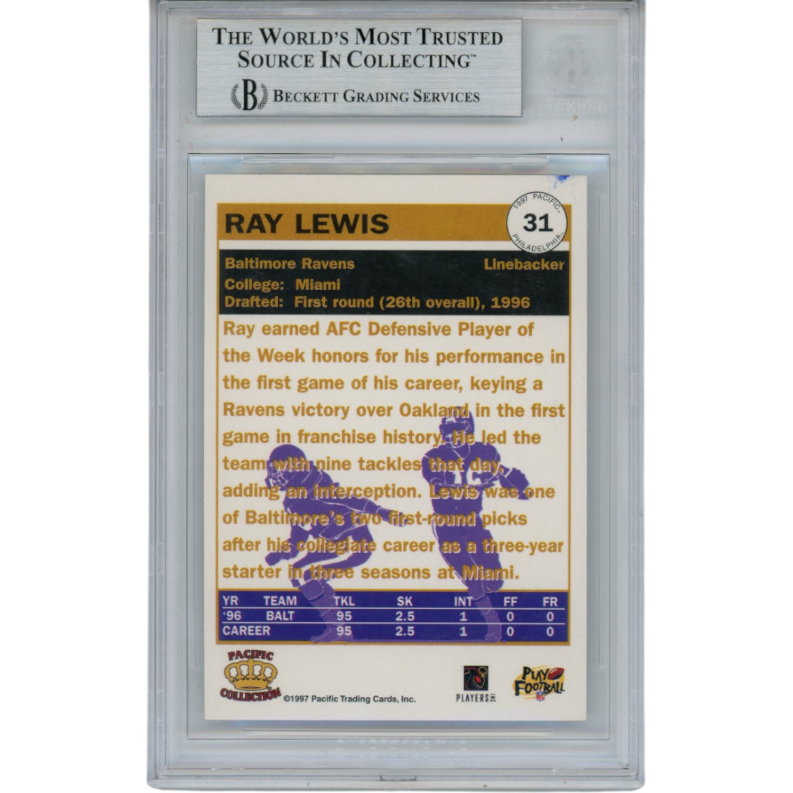 Ray Lewis Autographed 1997 Pacific #31 Trading Card Slab Beckett 53522