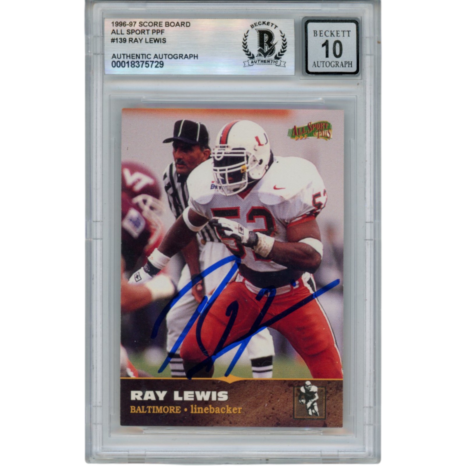 Ray Lewis Autographed 1997 Score Board All Sport #139 Trading Card Beckett 52980