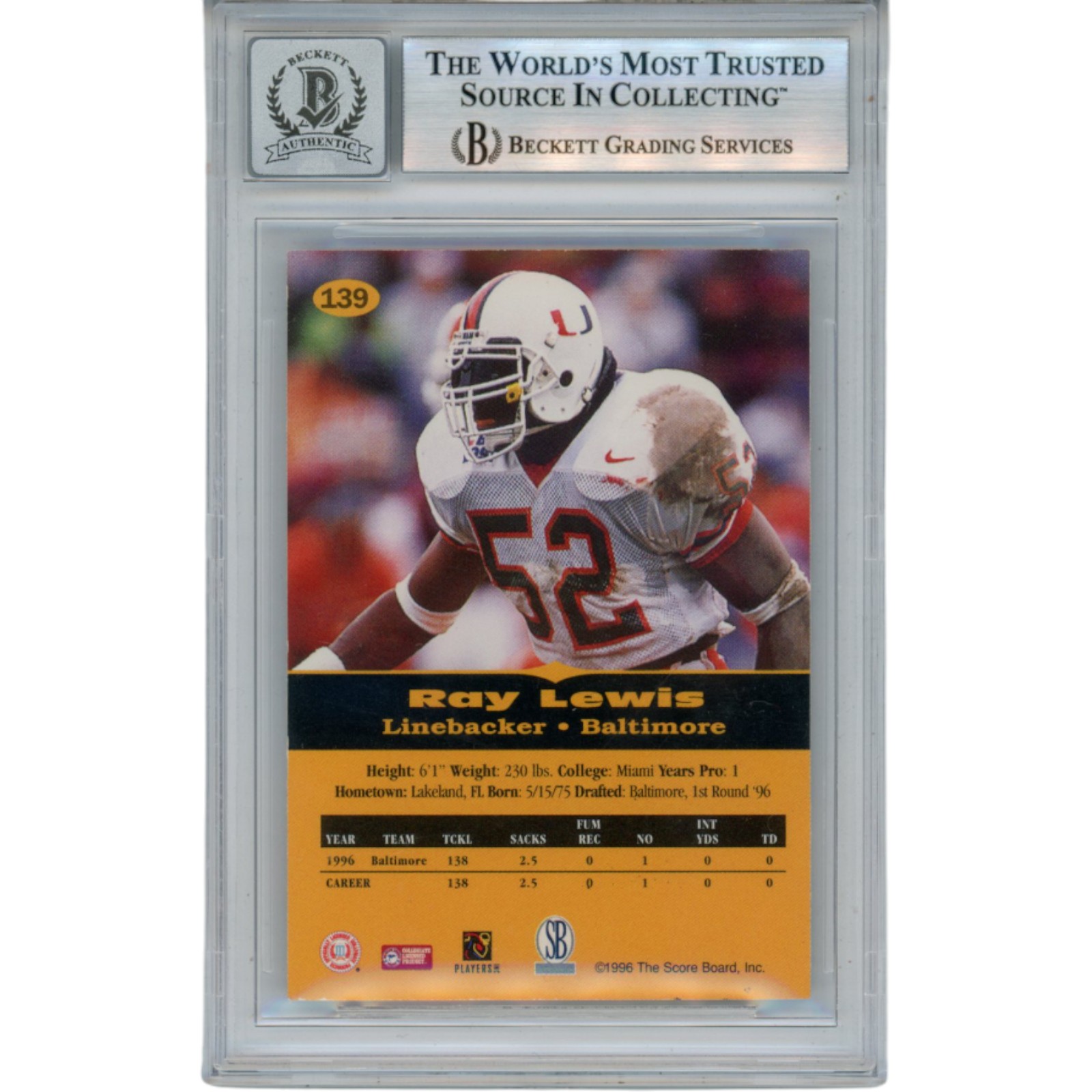 Ray Lewis Autographed 1997 Score Board All Sport #139 Trading Card Beckett 52980 2 Ray Lewis Autographed 1997 Score Board All Sport #139 Trading Card Beckett 52980