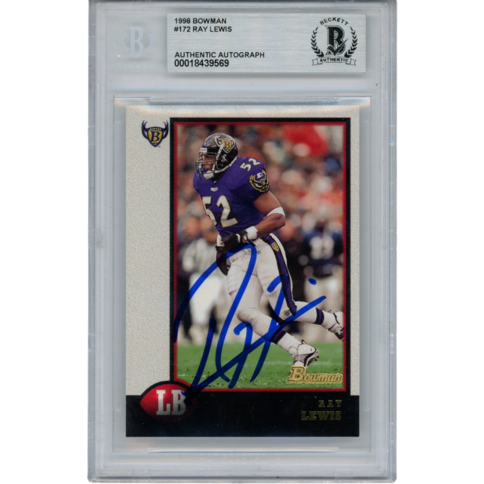 Ray Lewis Autographed 1998 Bowman #172 Trading Card Slab Beckett 53517