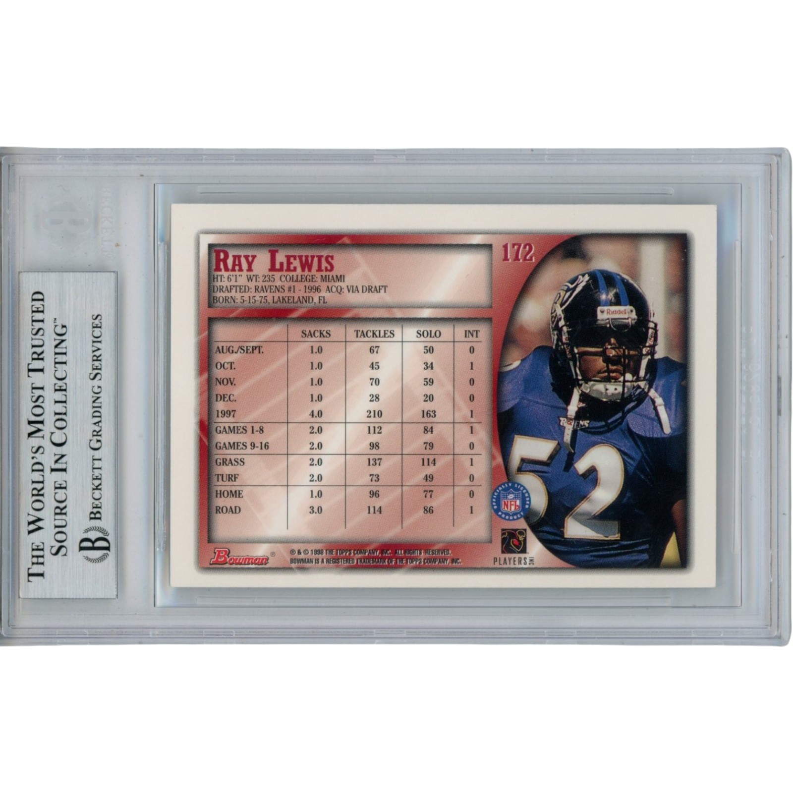 Ray Lewis Autographed 1998 Bowman #172 Trading Card Slab Beckett 53517