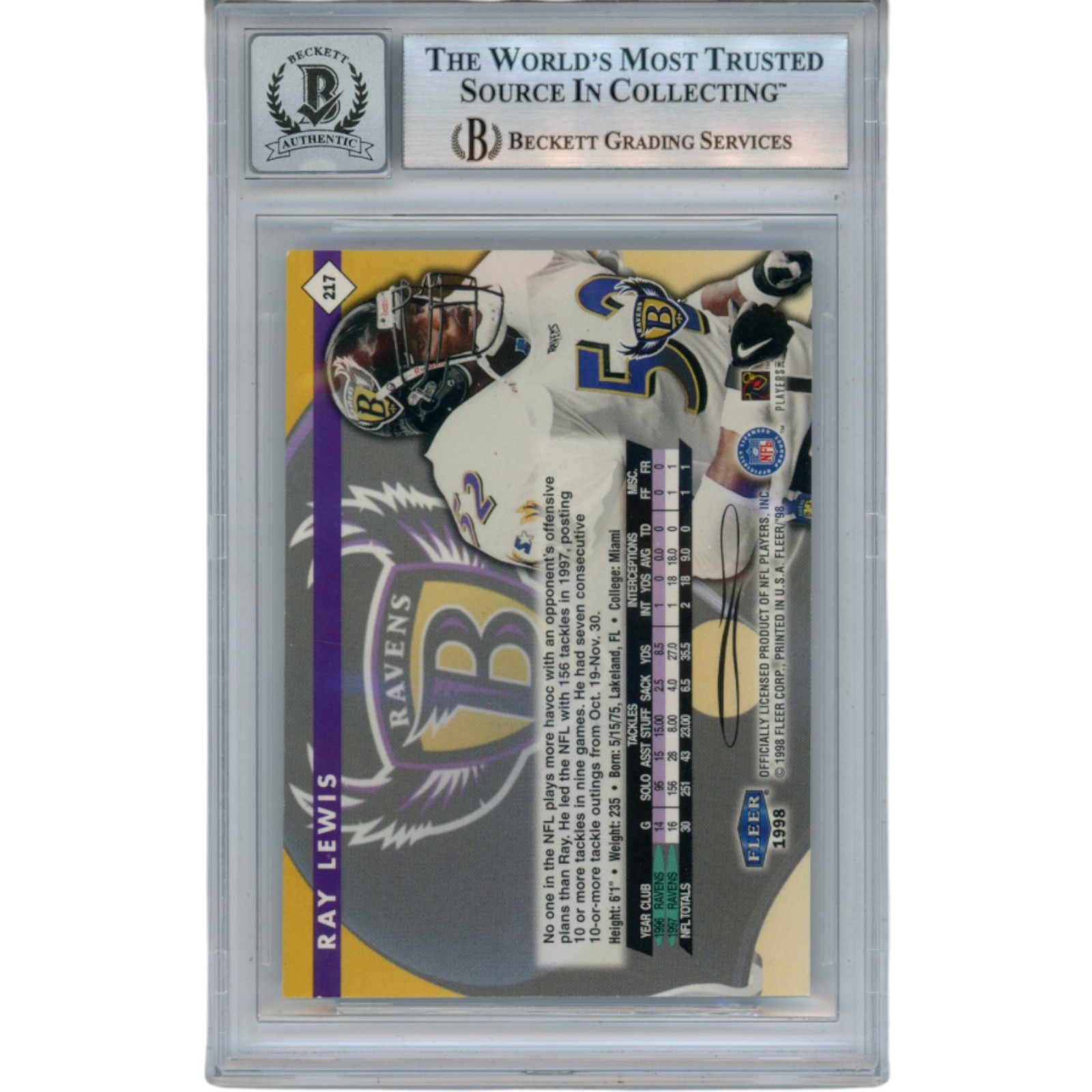 Ray Lewis Autographed 1998 Fleer Tradition #217 Trading Card Beckett 52996