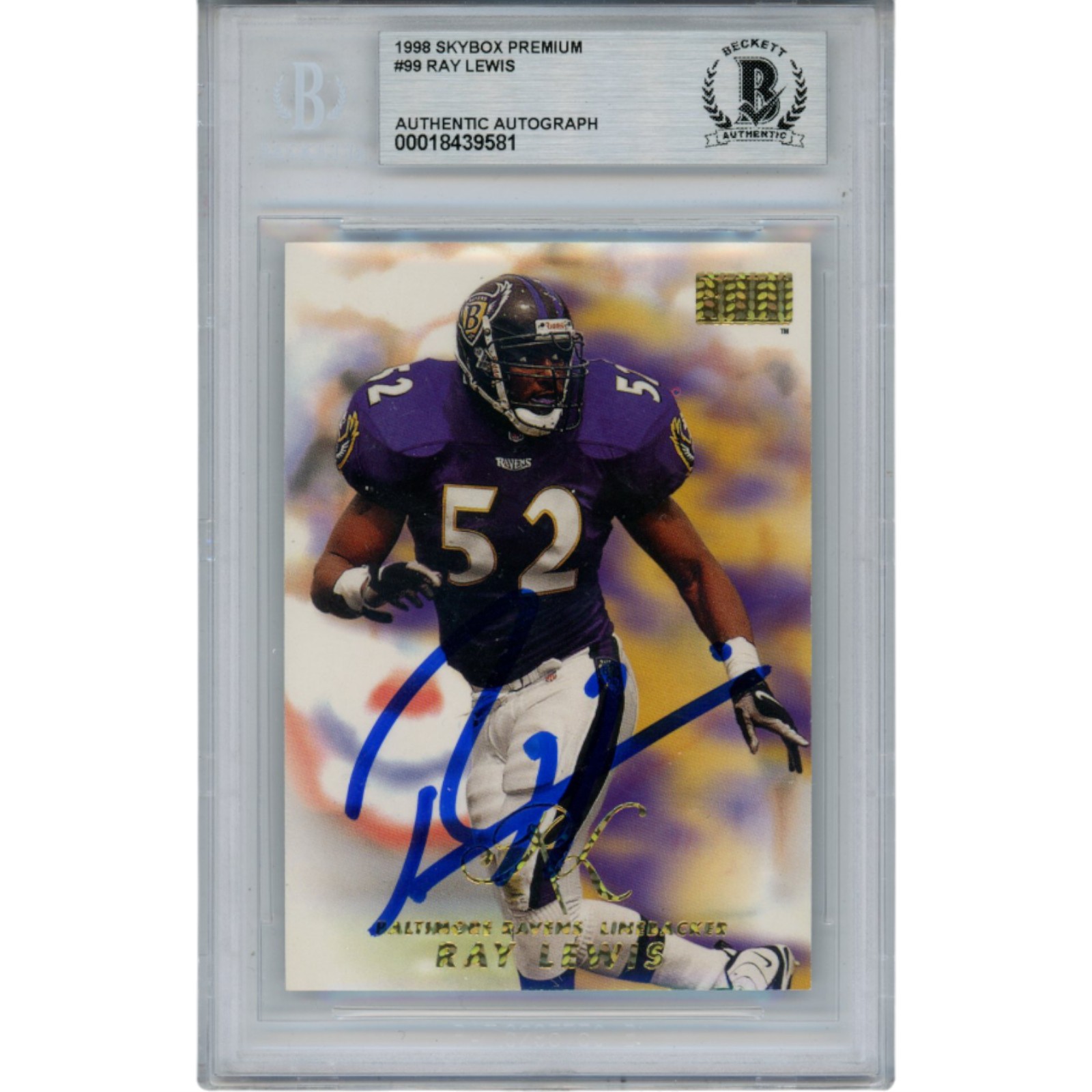 Ray Lewis Autographed/Signed 1998 Skybox #99 Trading Card Slab Beckett 53521