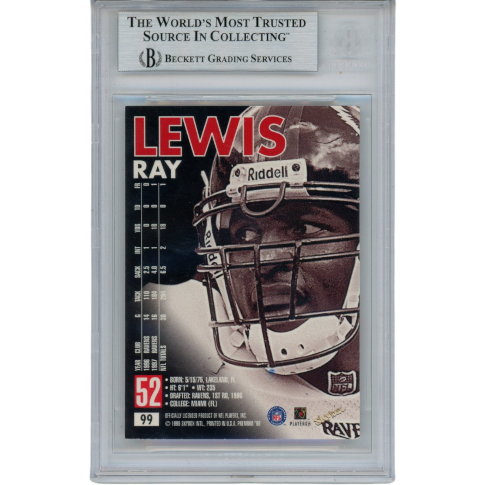 Ray Lewis Autographed/Signed 1998 Skybox #99 Trading Card Slab Beckett 53521