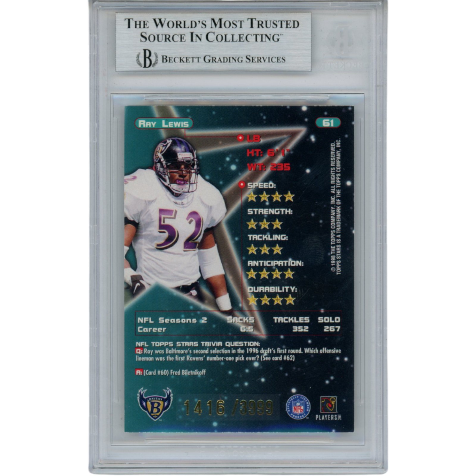 Ray Lewis Autographed 1998 Topps NFL Stars #61 Trading Card Slab Beckett 53512