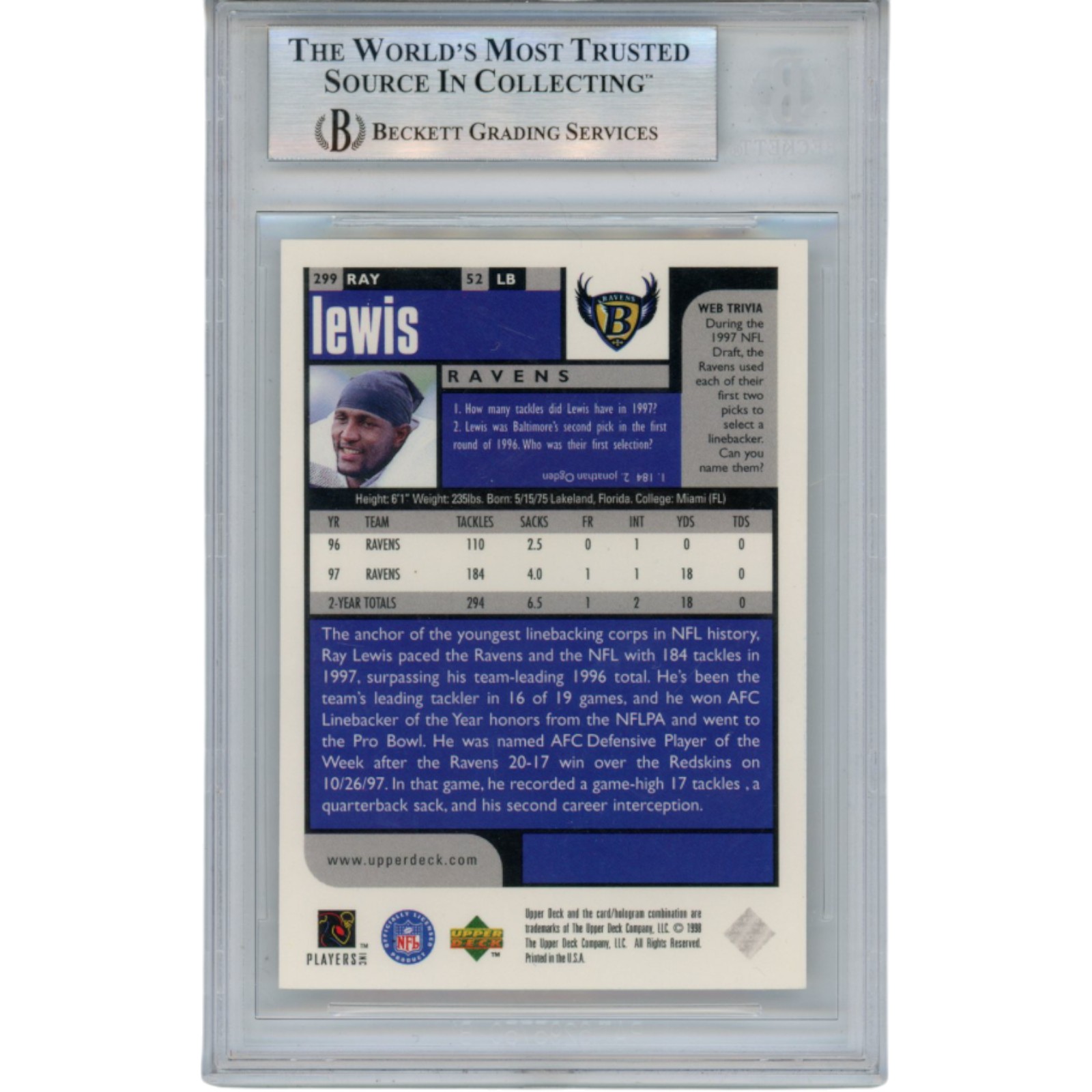 Ray Lewis Autographed/Signed 1998 UD Choice #299 Trading Card Slab Beckett 53485