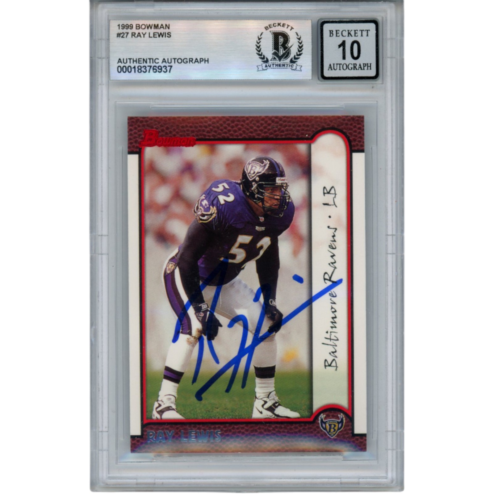 Ray Lewis Autographed 1999 Bowman Chrome #27 Trading Card Beckett 53000