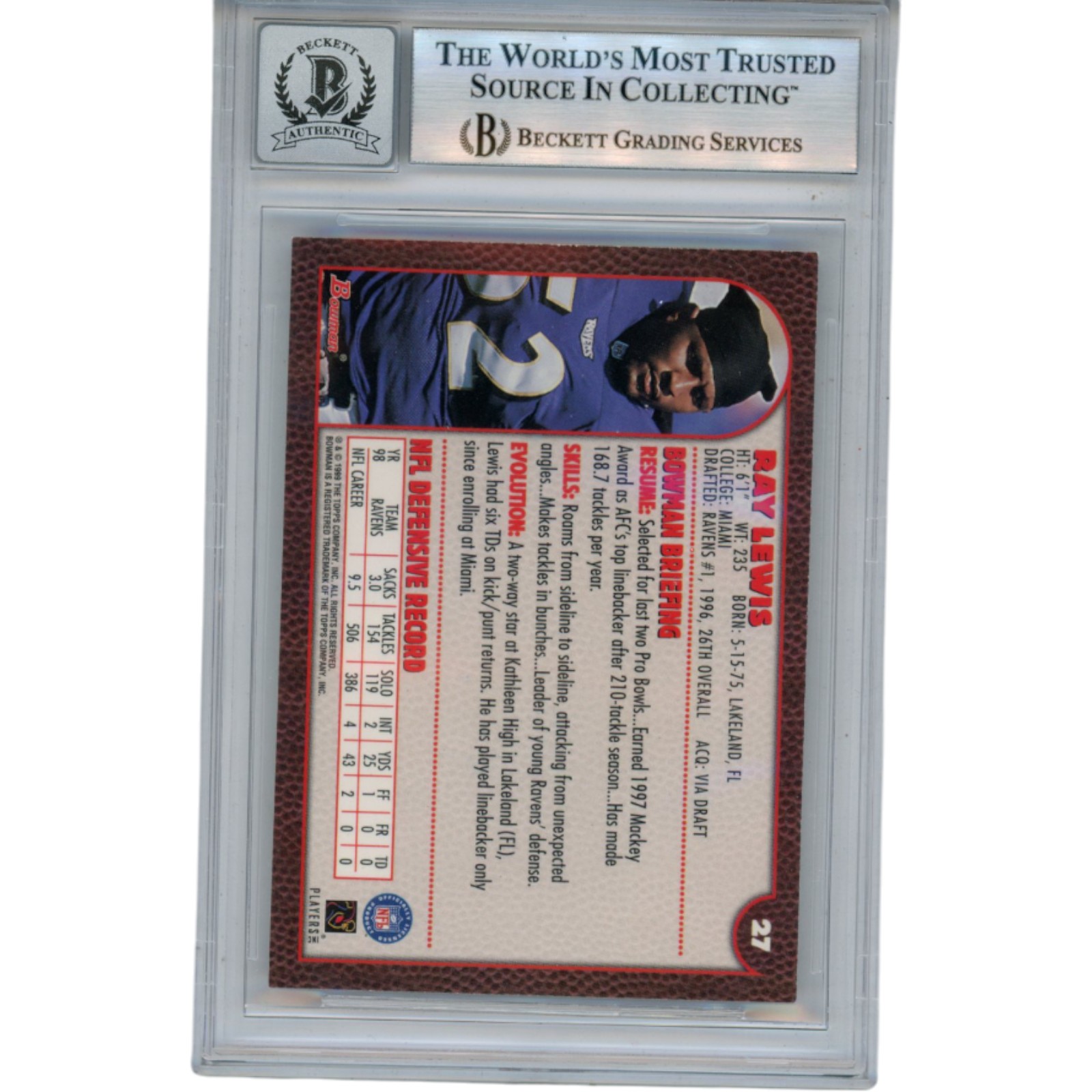Ray Lewis Autographed 1999 Bowman Chrome #27 Trading Card Beckett 53000