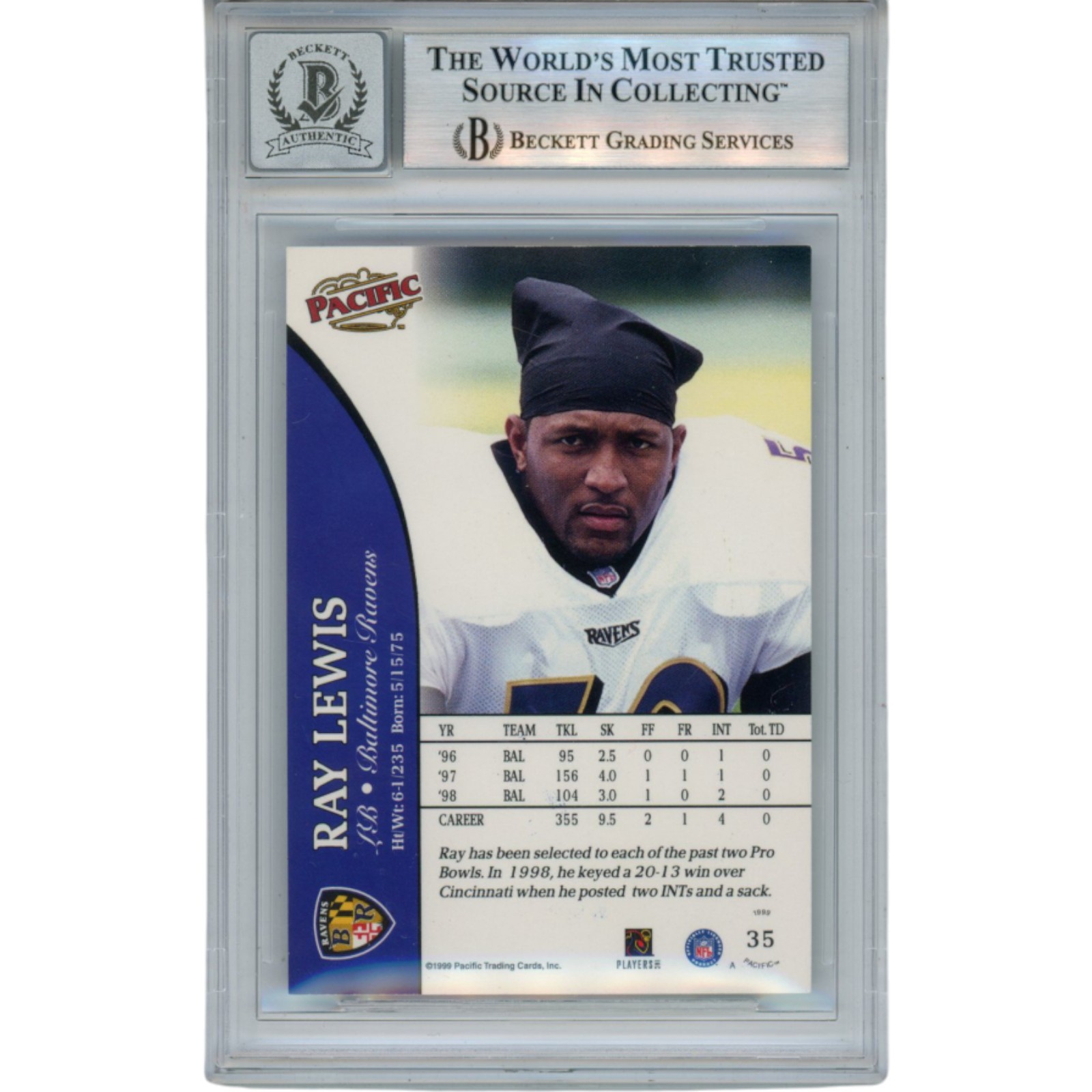 Ray Lewis Autographed/Signed 1999 Pacific #35 Trading Card Beckett 52974