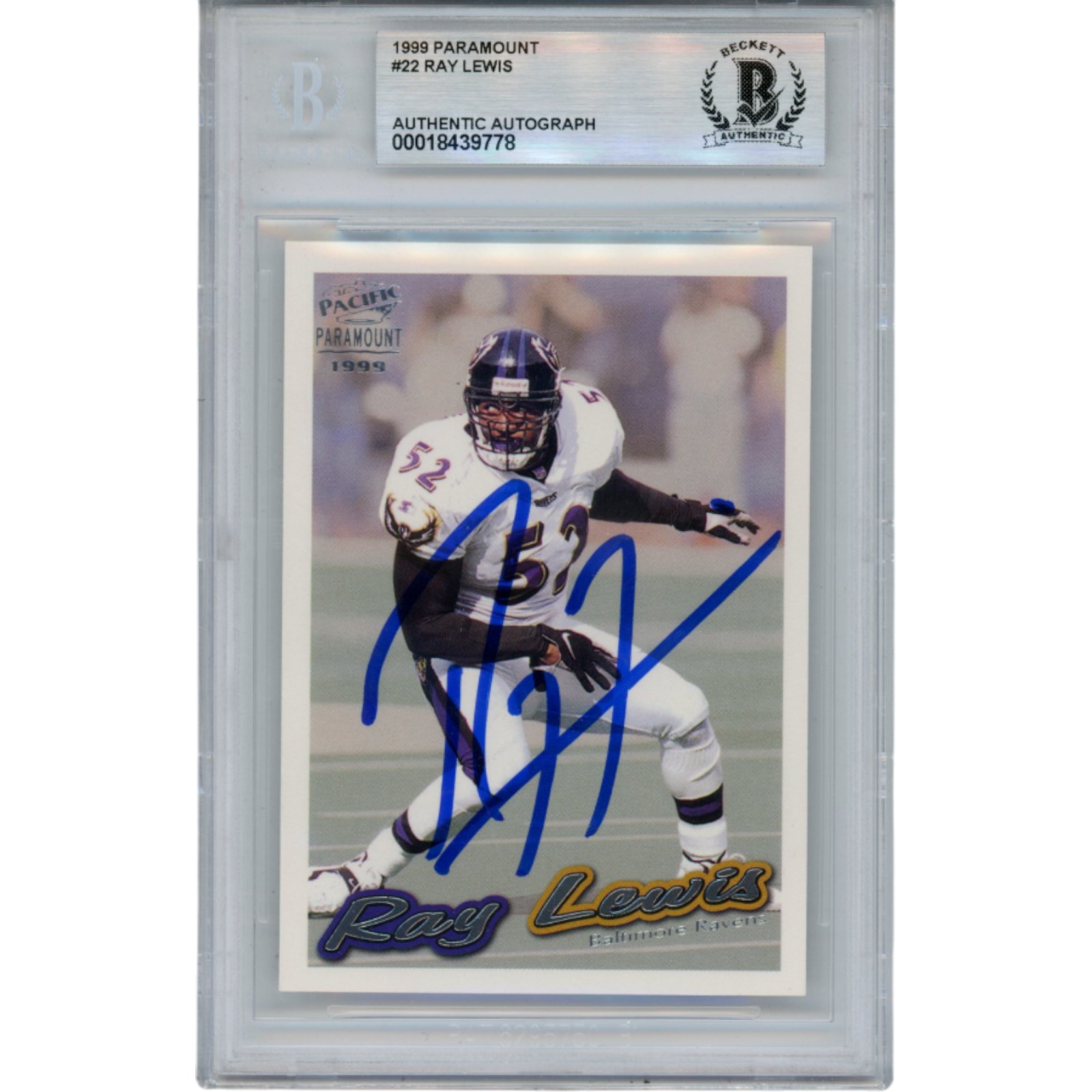 Ray Lewis Autographed 1999 Pacific Paramount #22 Trading Card Slab Beckett 53479