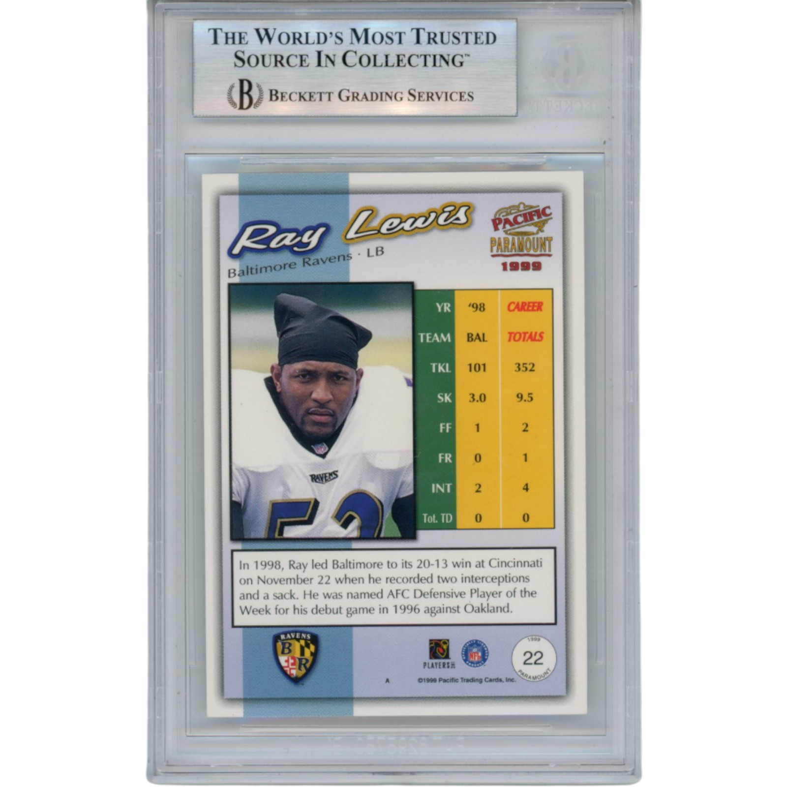 Ray Lewis Autographed 1999 Pacific Paramount #22 Trading Card Slab Beckett 53479