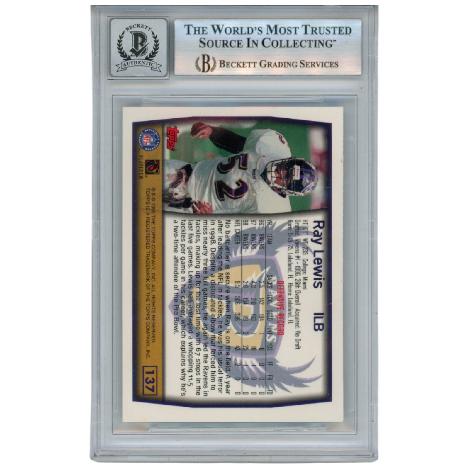 Ray Lewis Autographed/Signed 1999 Topps #137 Trading Card Beckett 52914