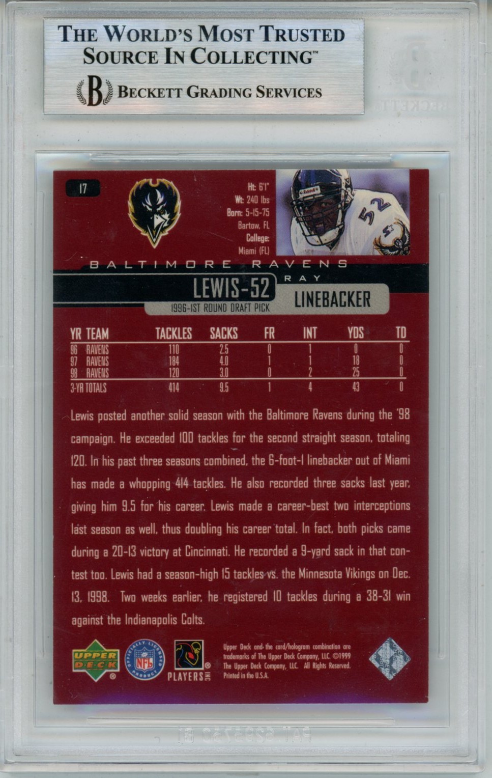 Ray Lewis Autographed 1999 Upper Deck #17 Slabbed Trading Card Beckett 53494 2 Ray Lewis Autographed 1999 Upper Deck #17 Slabbed Trading Card Beckett 53494