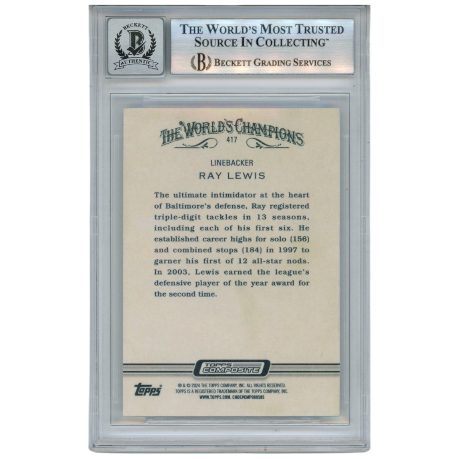 Ray Lewis Autographed 2023 Topps Allen & Ginter #417 Trading Card Beckett 52925 2 Ray Lewis Autographed 2023 Topps Allen & Ginter #417 Trading Card Beckett 52925