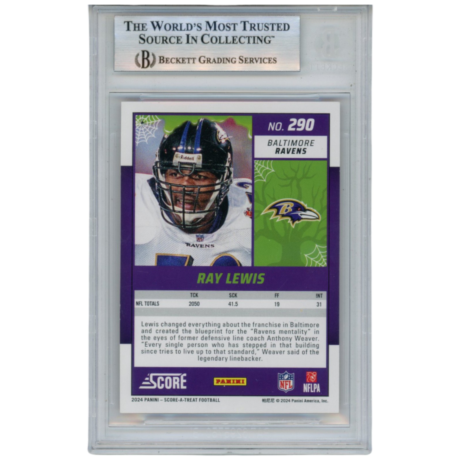 Ray Lewis Autographed 2024 Score #290 Halloween Trading Card Beckett 52921
