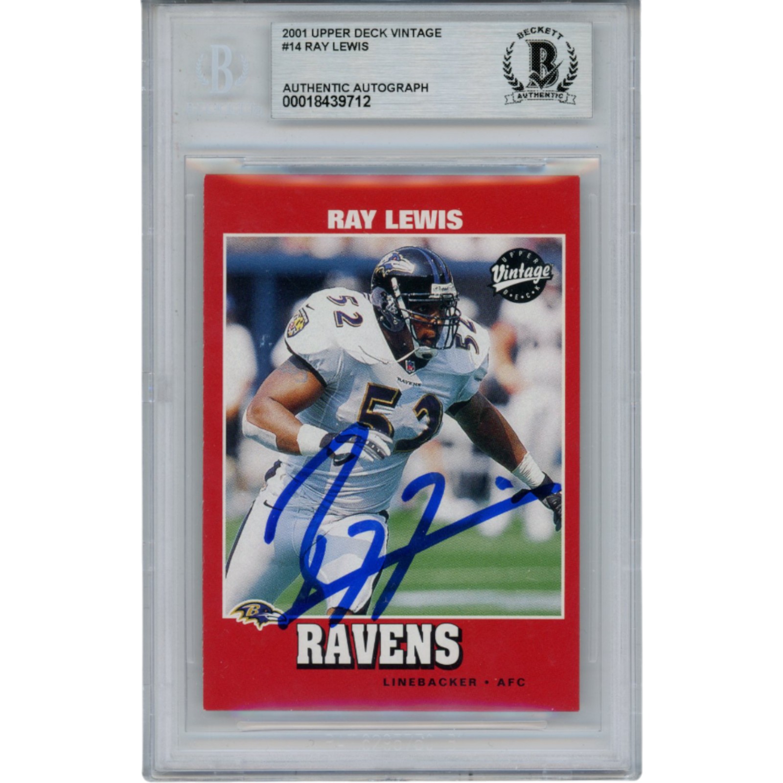 Ray Lewis Autographed/Signed 2001 UD Vintage #14 Trading Card Slab Beckett 53498