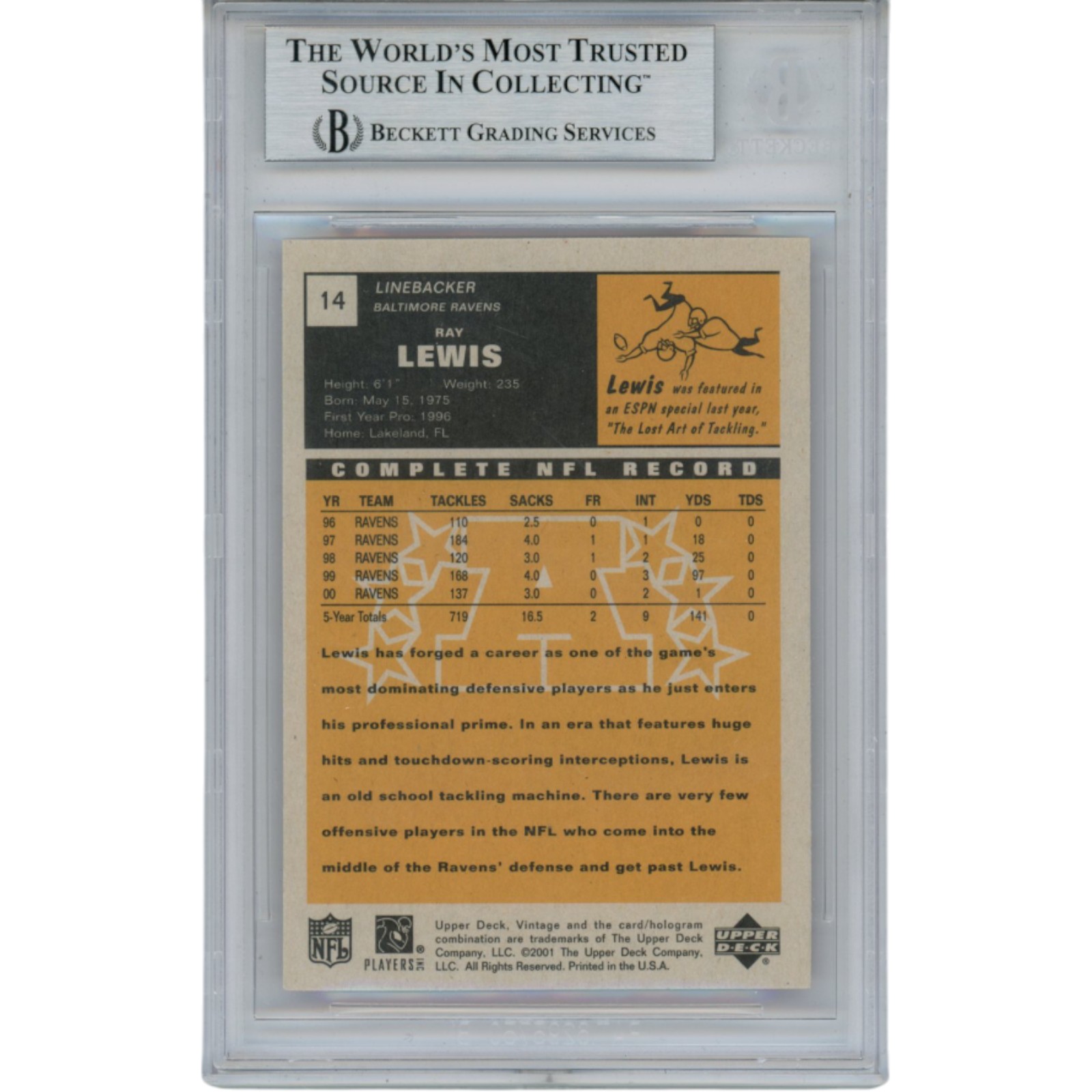 Ray Lewis Autographed/Signed 2001 UD Vintage #14 Trading Card Slab Beckett 53498