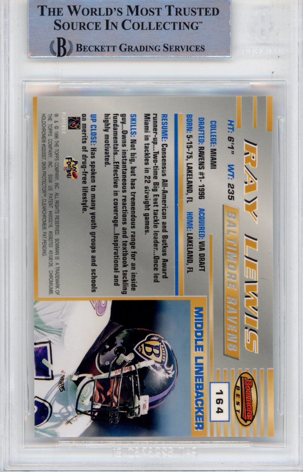 Ray Lewis Autographed 1996 Bowmans Best #164  Slabbed BAS