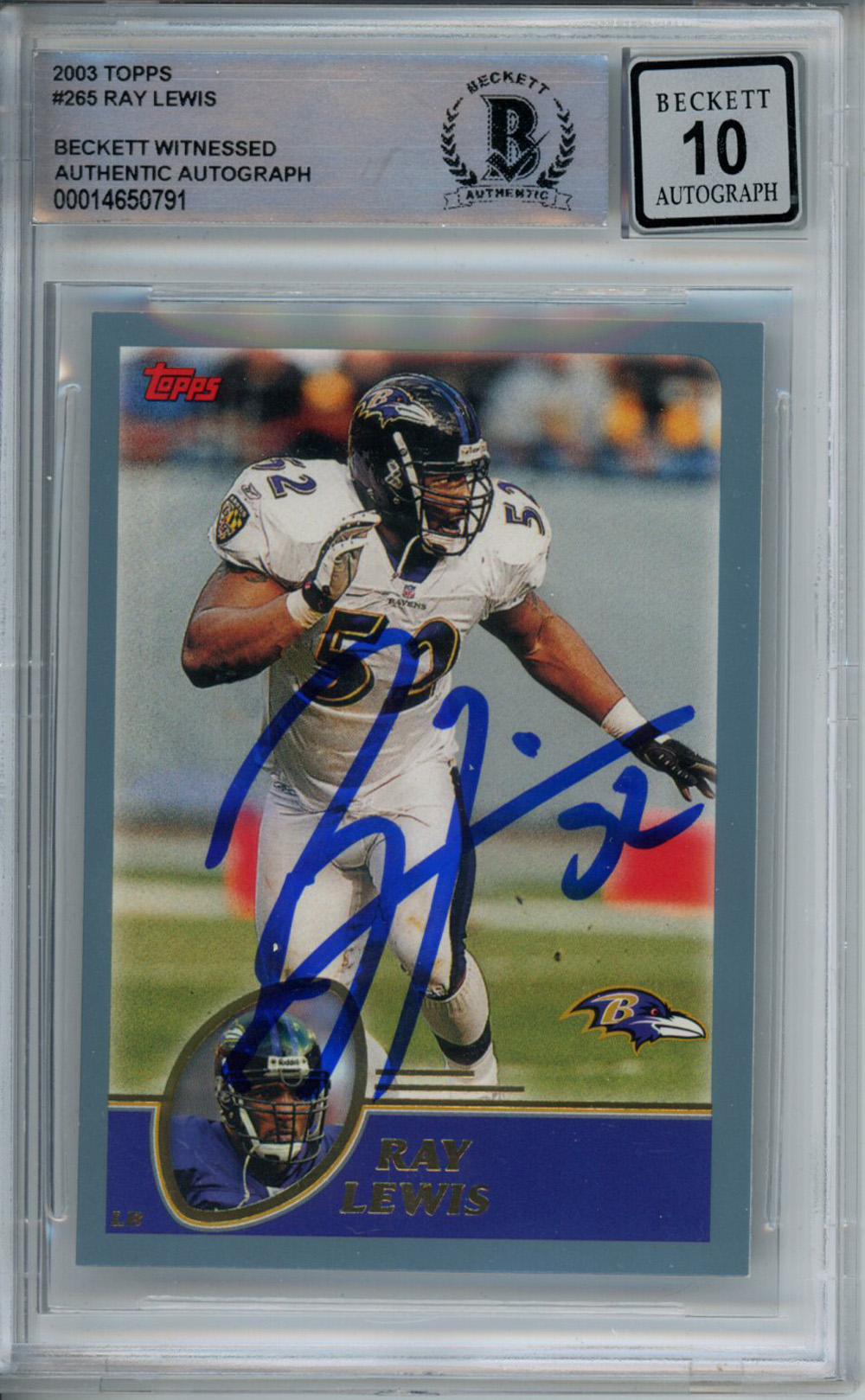 Ray Lewis Autographed 2003 Topps #265 Trading Card Beckett Slab