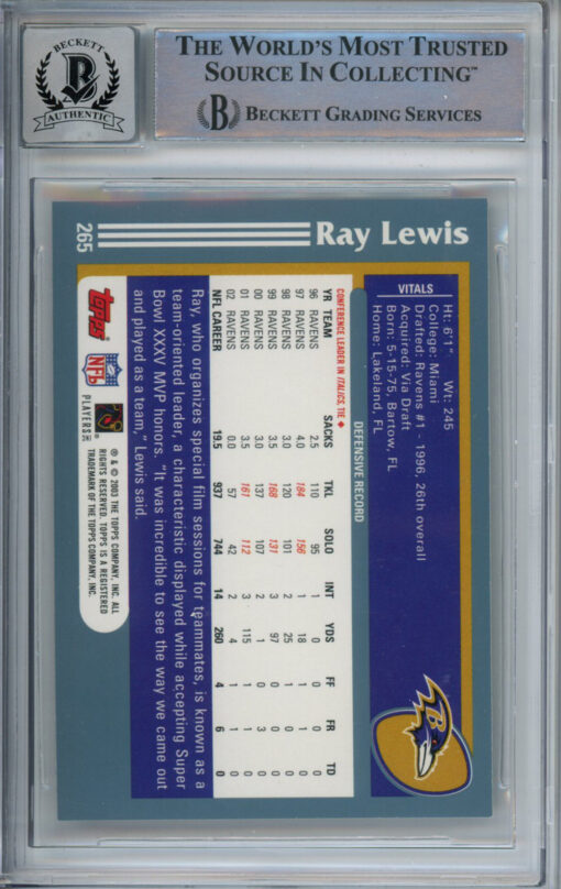 Ray Lewis Autographed 2003 Topps #265 Trading Card Beckett Slab