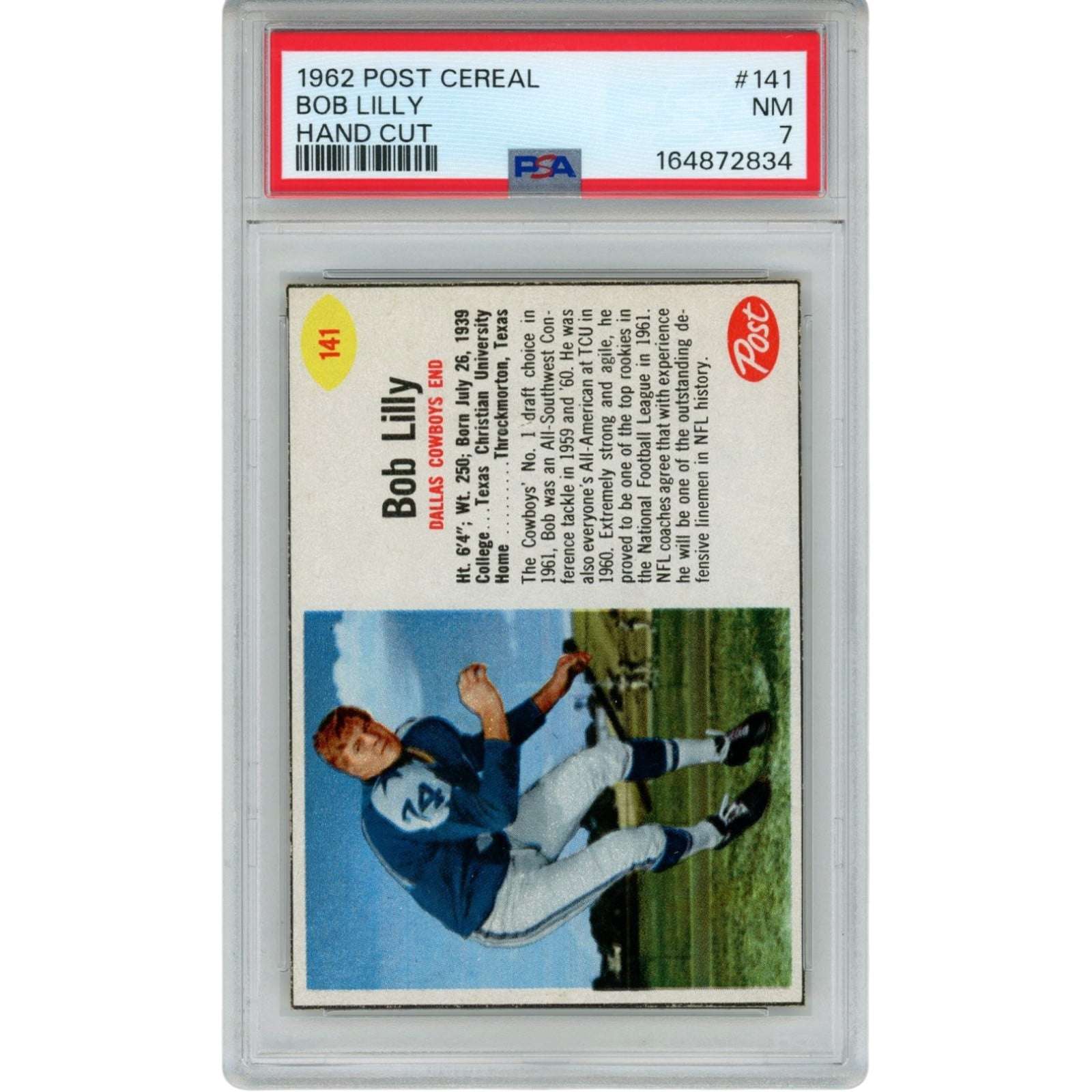 Bob Lilly Unsigned Dallas Cowboys Trading Card 1962 Post Cereal #141 PSA 7 58787
