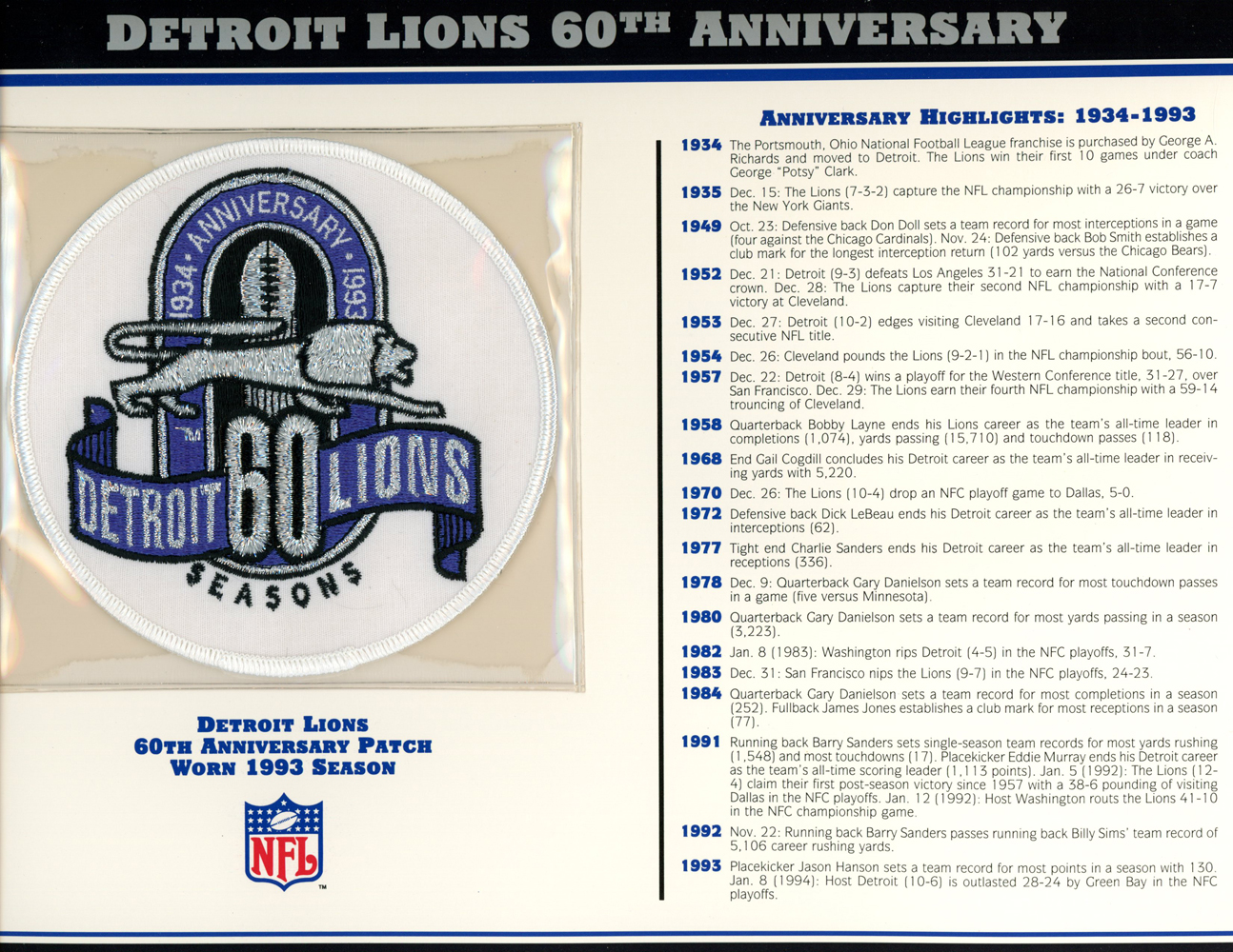 Detroit Lions 60th Anniversary Patch Stat Card Official Willabee & Ward
