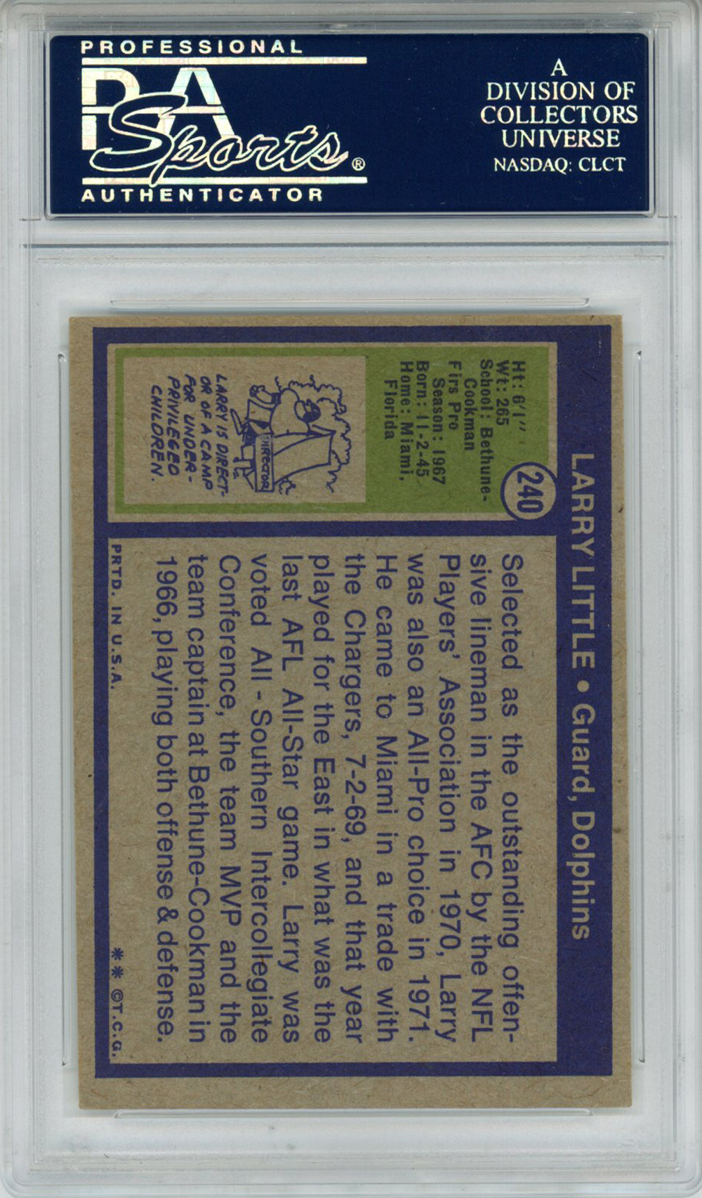 Larry Little Autographed 1972 Topps #240 Trading Card HOF PSA Slab