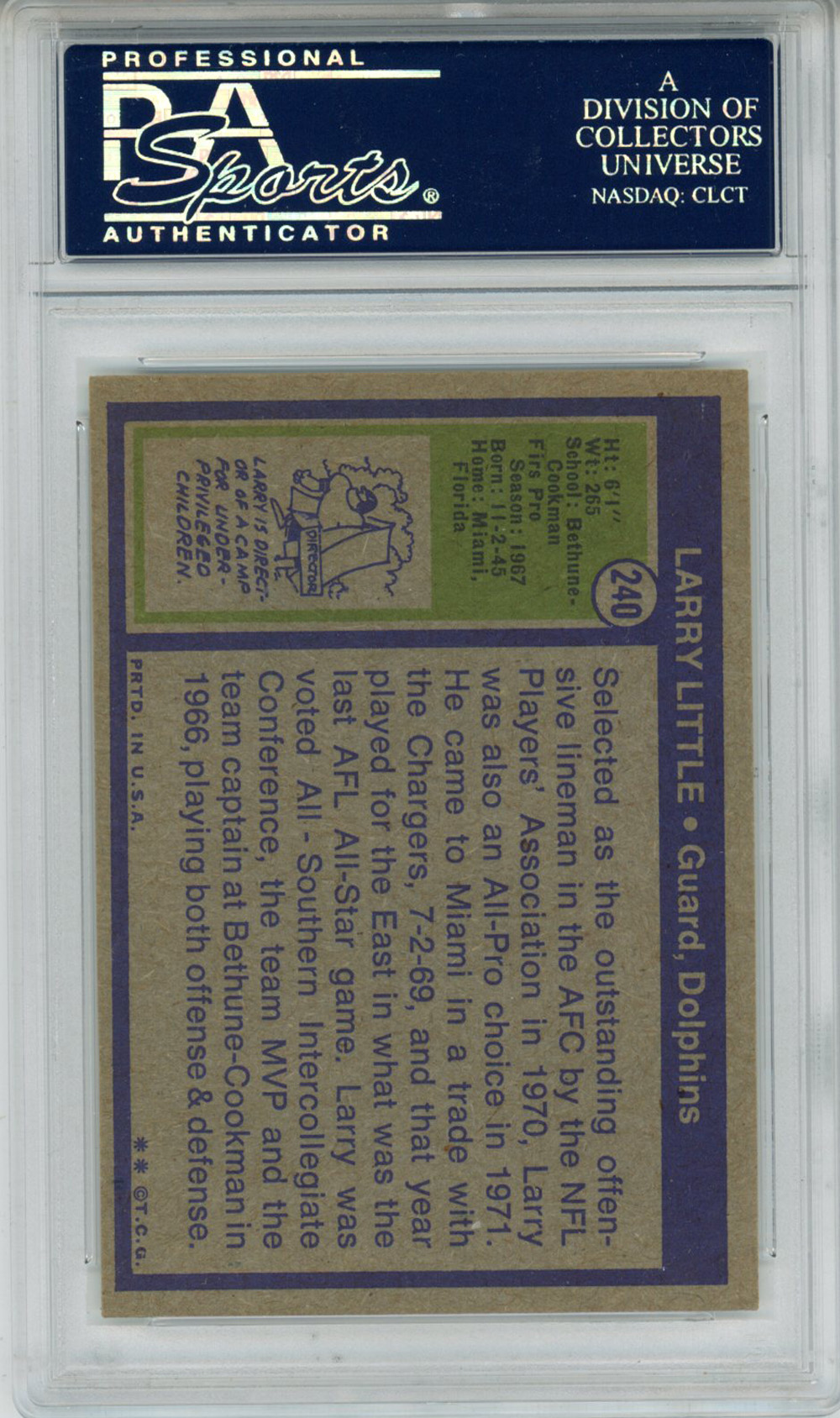 Larry Little Autographed 1972 Topps #240 Trading Card PSA Slab