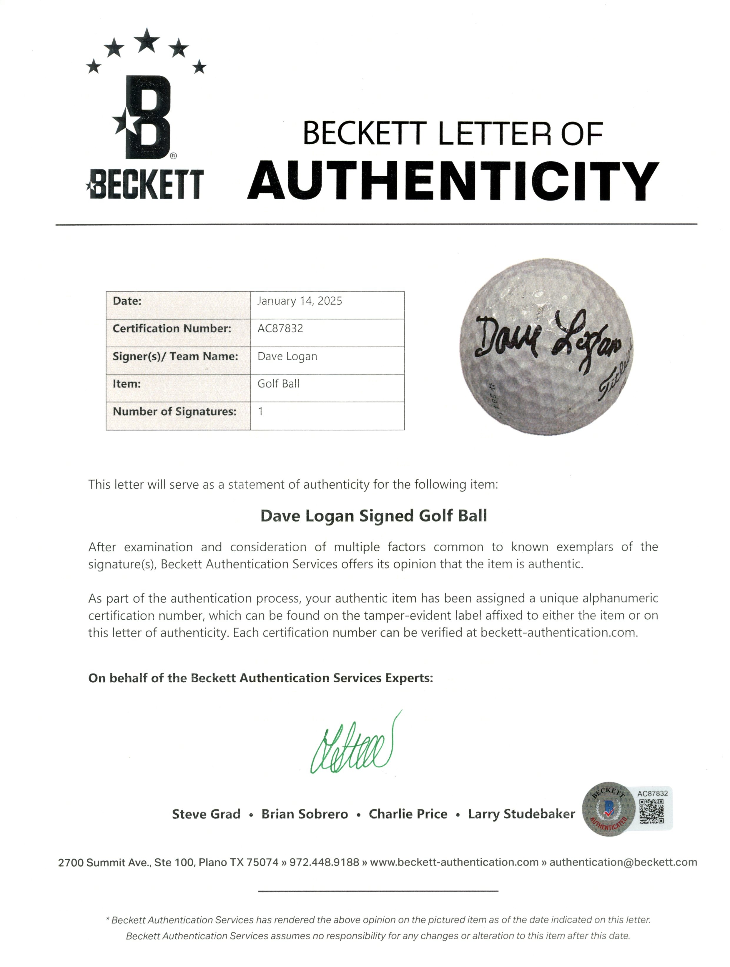 Dave Logan Autographed/Signed Cleveland Browns Titleist Golf Ball Beckett 55412 4 Dave Logan Autographed/Signed Cleveland Browns Titleist Golf Ball Beckett 55412