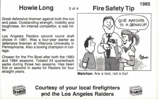 Howie Long Los Angeles Raiders 1985 Fire Safety Tip Card 3/4 Kodak Color 26678