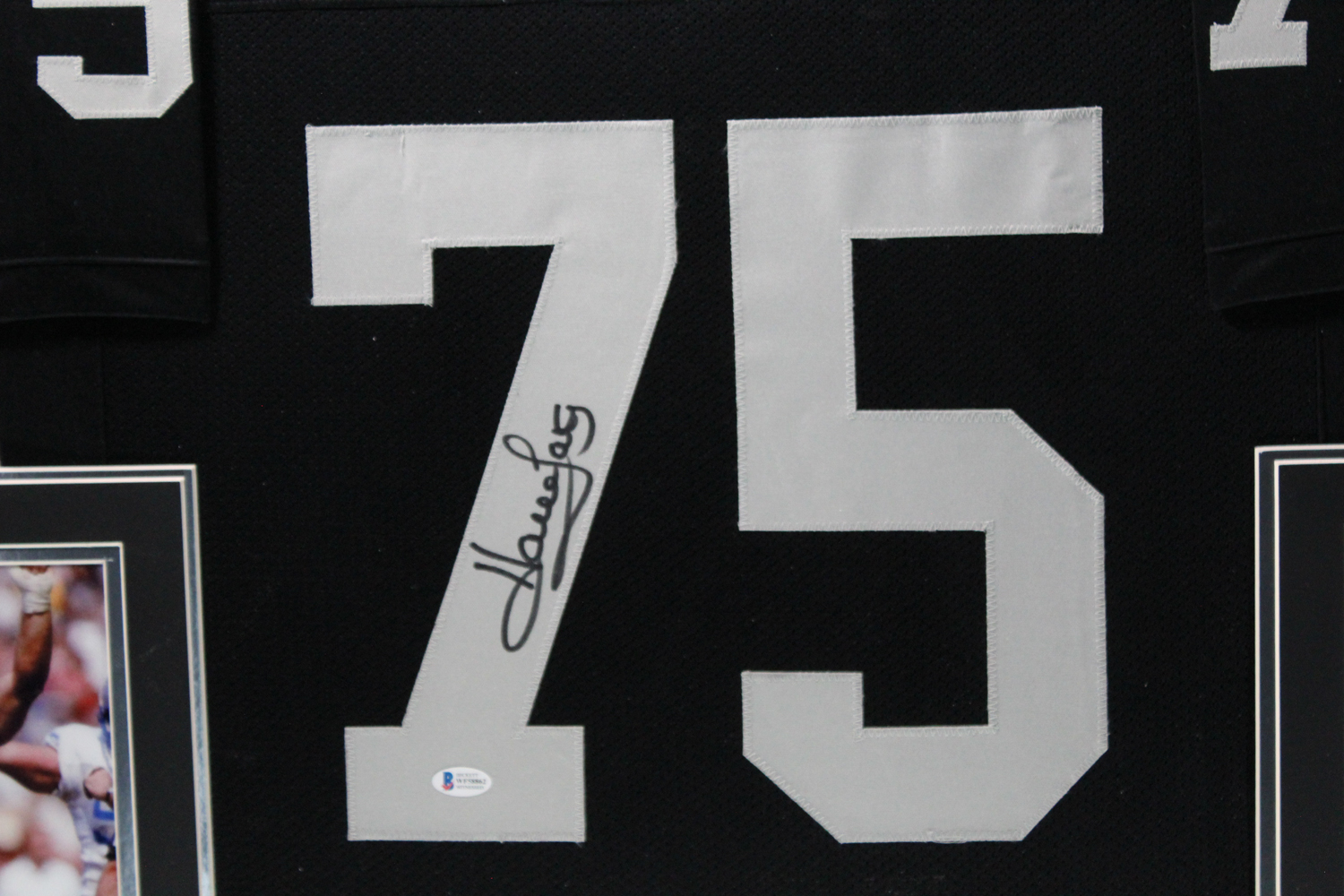 Howie Long Autographed/Signed Pro Style Framed Black XL Jersey Beckett