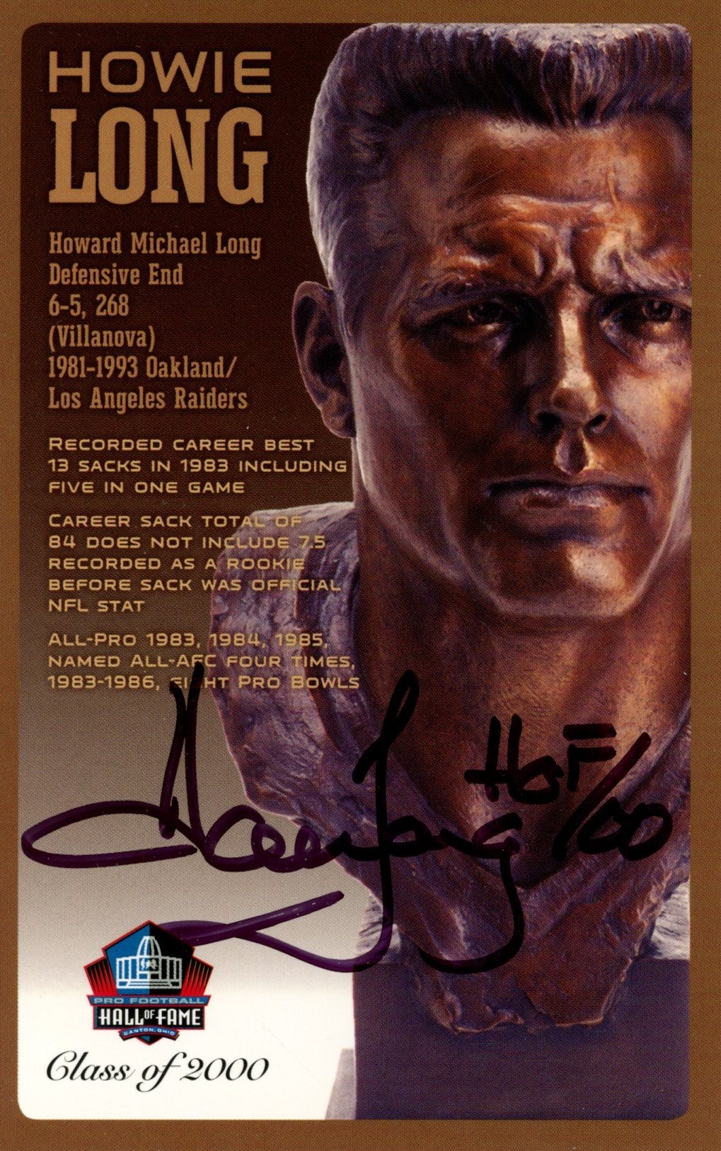 Howie Long Autographed/Signed Oakland Raiders HOF Postcard HOF 00 Beckett 55461