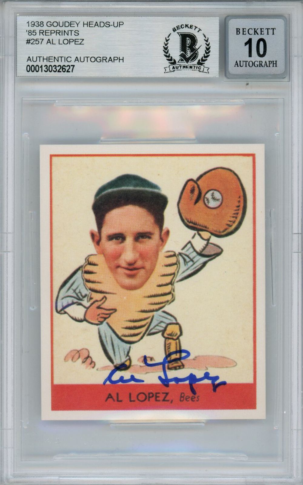 Al Lopez Signed 1938 Goudey Heads-Up '85 Reprints #257 Card Beckett 10 Slab