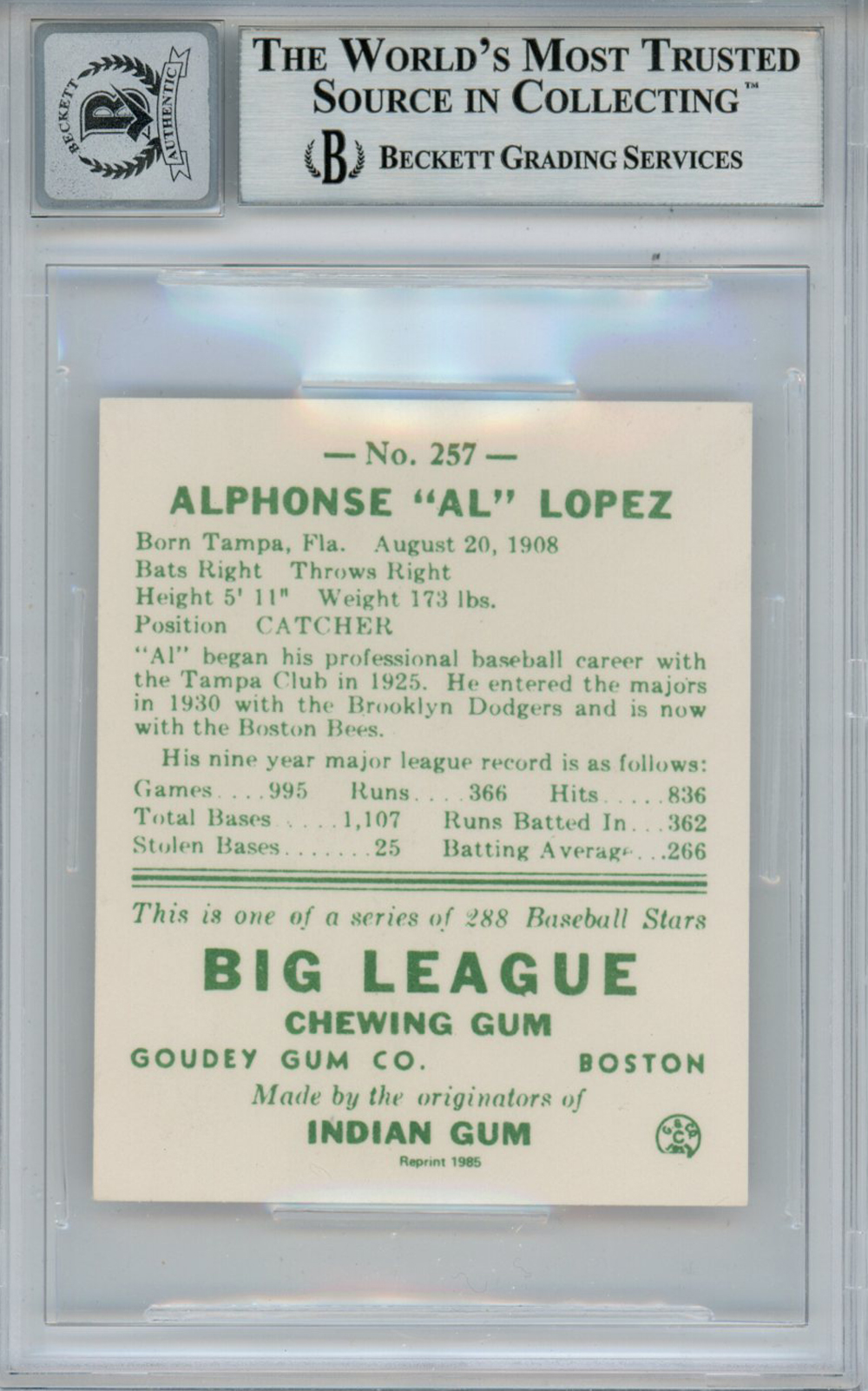 Al Lopez Signed 1938 Goudey Heads-Up '85 Reprints #257 Card Beckett 10 Slab