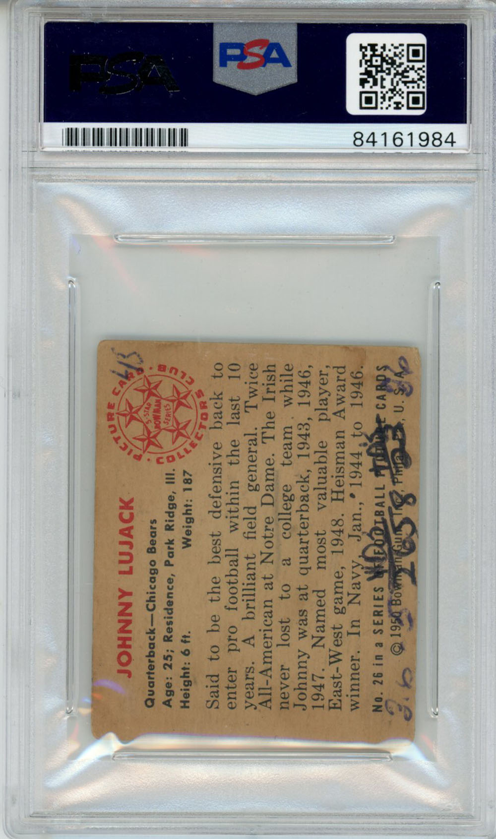 Johnny Lujack Signed 1950 Bowman #26 Gum Trading Card PSA Slab